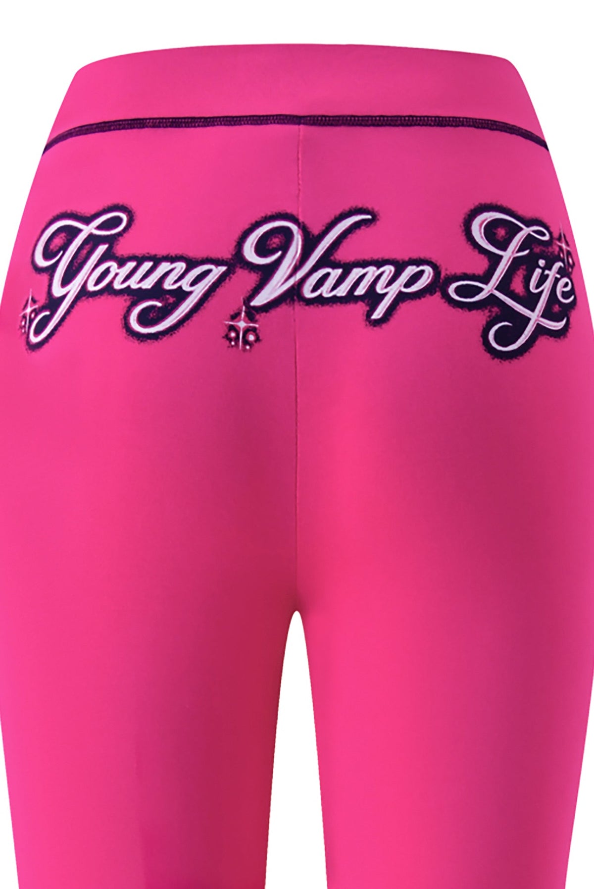 Bright pink flared YVL BLARE TRACKPANT - PINK with “Young Vamp Life” printed in stylized white and black cursive script across the back.