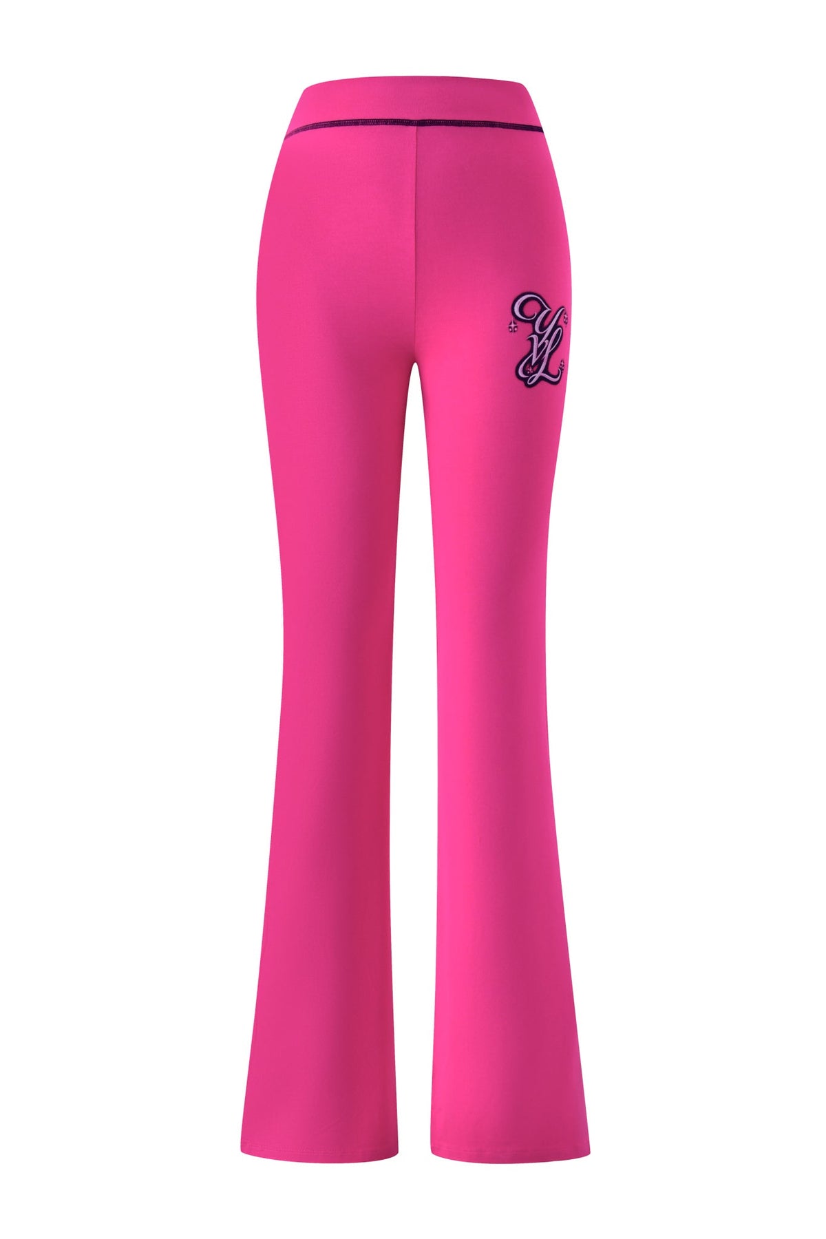 Bright pink YVL BLARE TRACKPANT - PINK flared track pants with a dark blue embroidered logo on the upper left thigh.