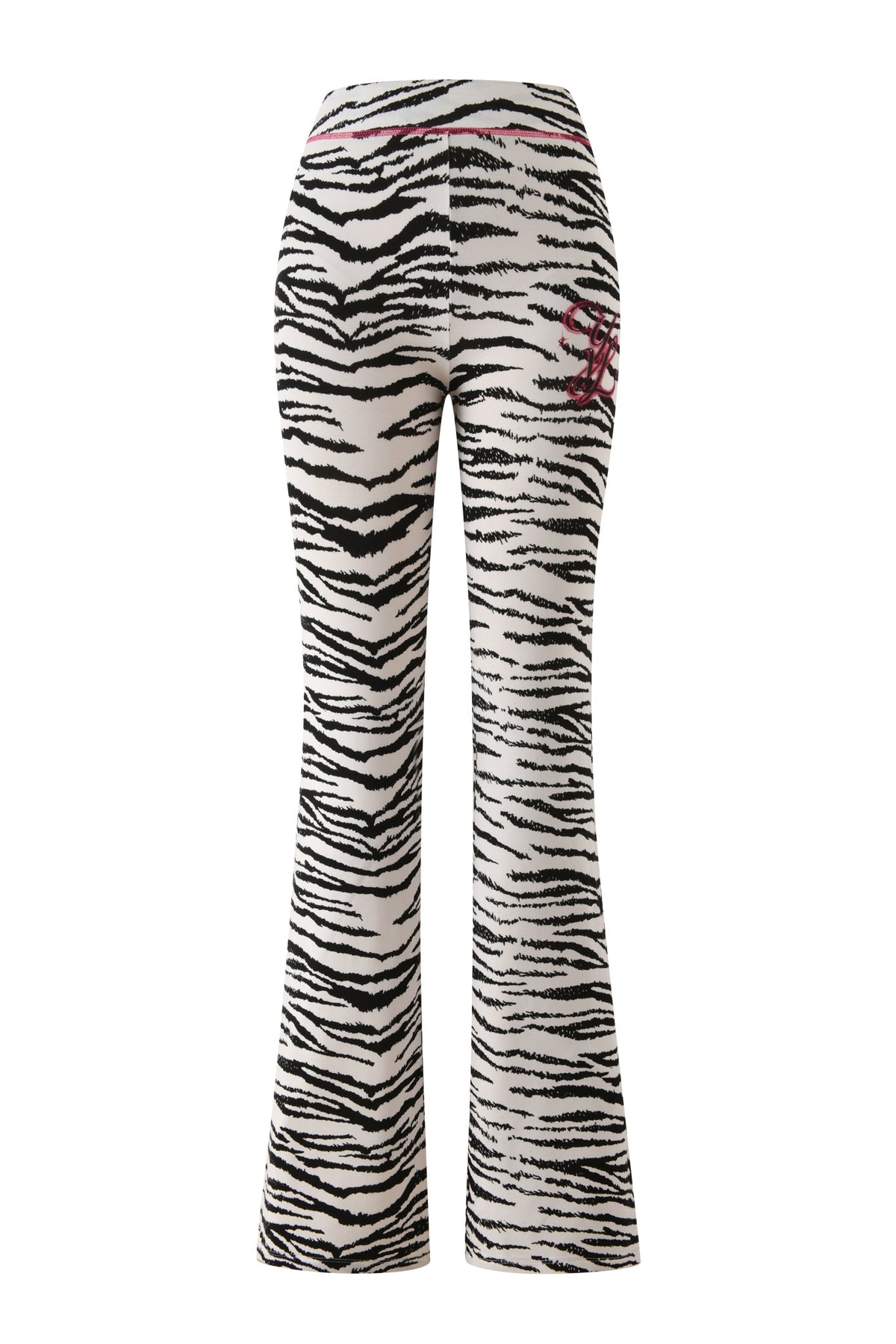High-waisted, flared-leg YVL BLARE TRACKPANT - ZEBRA in a black and white zebra print with an embroidered logo on the hip.