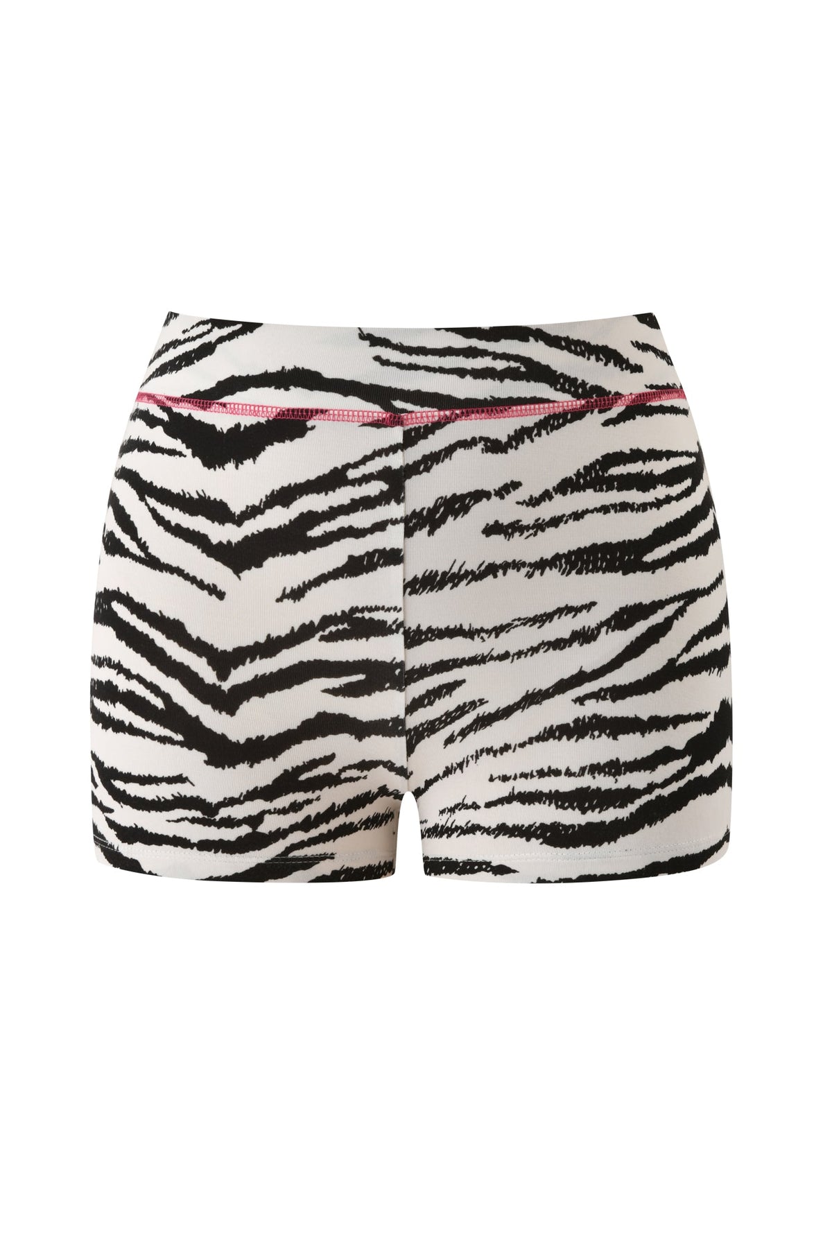 I.AM.GIA YVL BLARE SHORT - ZEBRA high-waisted mini shorts in black and white zebra print with a pink horizontal seam detail across the back waist.