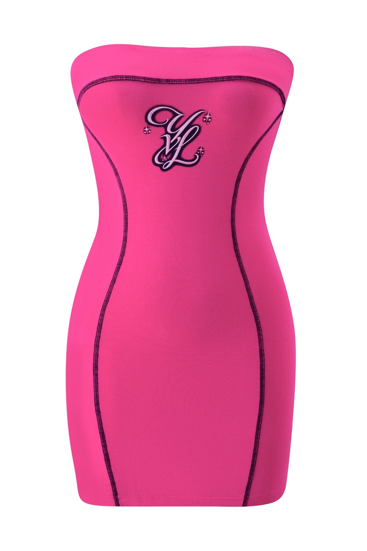Hot pink I.AM.GIA YVL BLARE TUBE MINI DRESS in bamboo fabric, featuring a strapless mini silhouette with black contrast stitching and a dark “YL” logo on the chest.