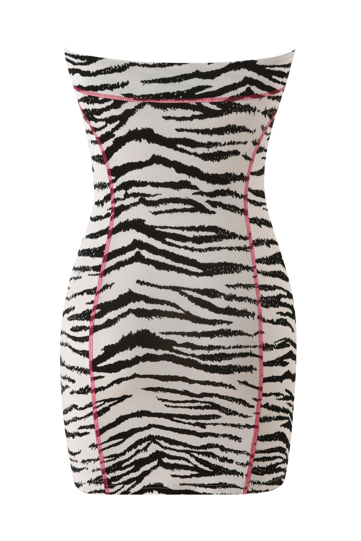 YVL BLARE TUBE MINI DRESS - ZEBRA, a strapless tube dress in black and white zebra print with visible pink overlock stitching.