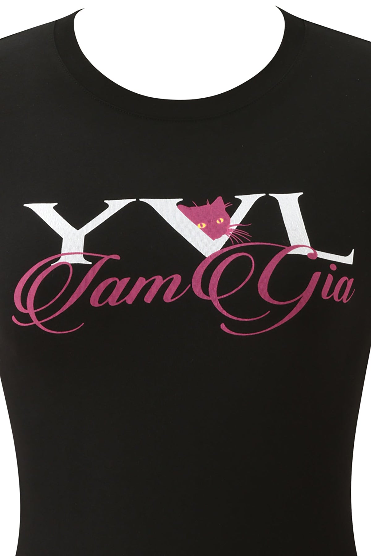Black I.AM.GIA YVL T-SHIRT - BLACK CAT featuring a white “YVL” logo with a pink cat graphic replacing the letter “V,” layered over pink cursive Young Vamp Life text.