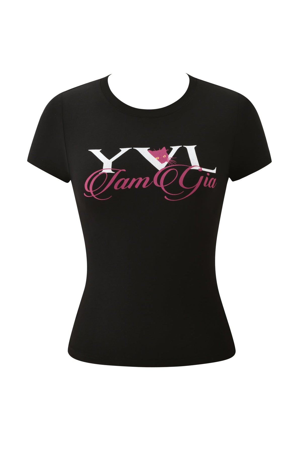 Black short-sleeved YVL T-SHIRT - BLACK CAT crew neck t-shirt featuring white “YVL” text with a small pink cat face graphic layered over pink I.AM.GIA script text.