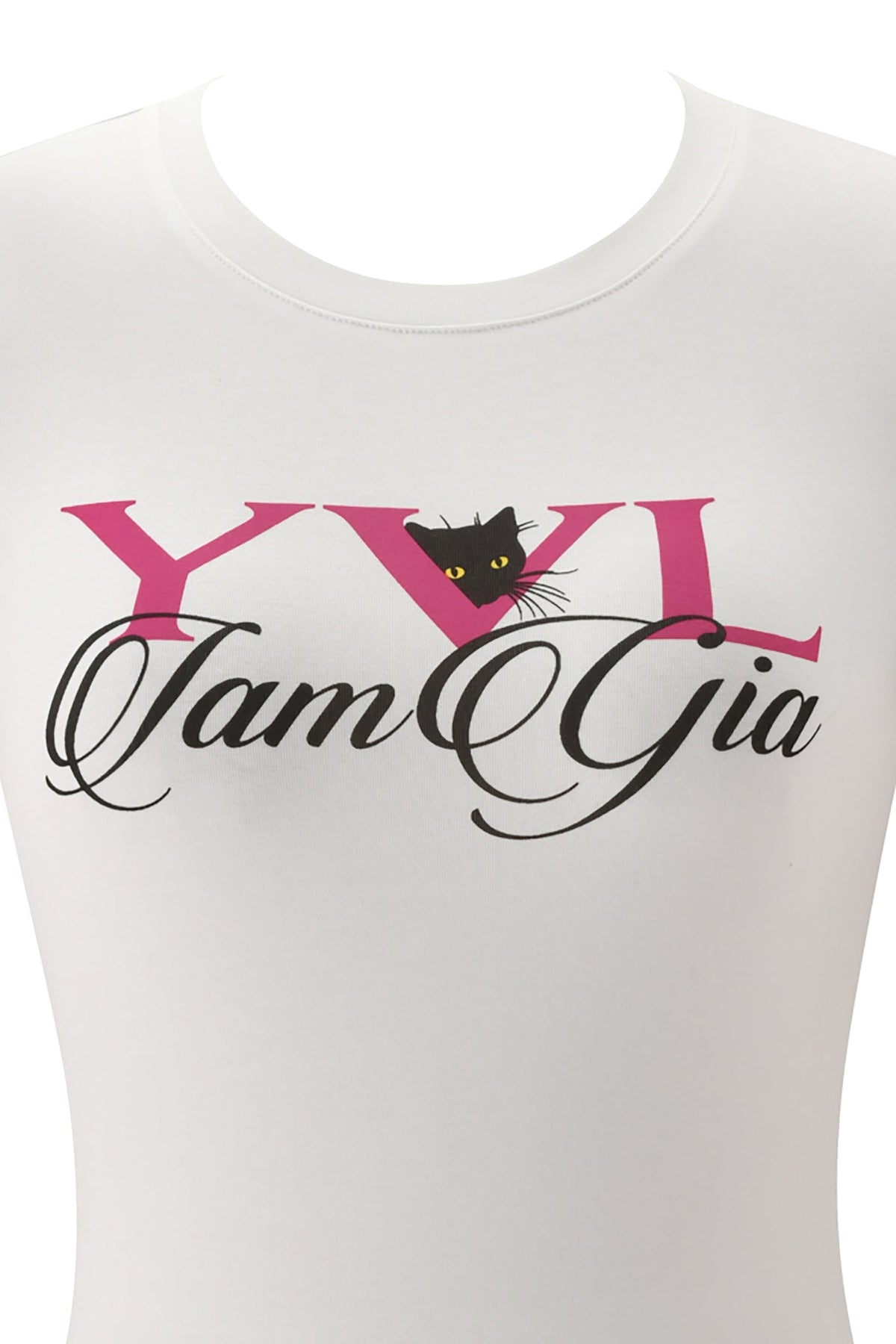 White YVL T-SHIRT - WHITE CAT featuring a black cat peeking out from behind pink block letters reading “YVL” above cursive black text.