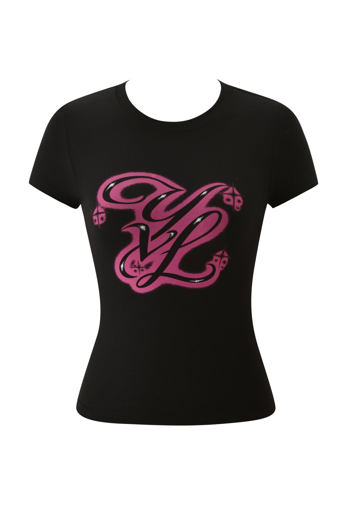 Black short-sleeve YVL T-SHIRT - BLACK MONOGRAM featuring a stylized pink graffiti-style monogram on the chest.