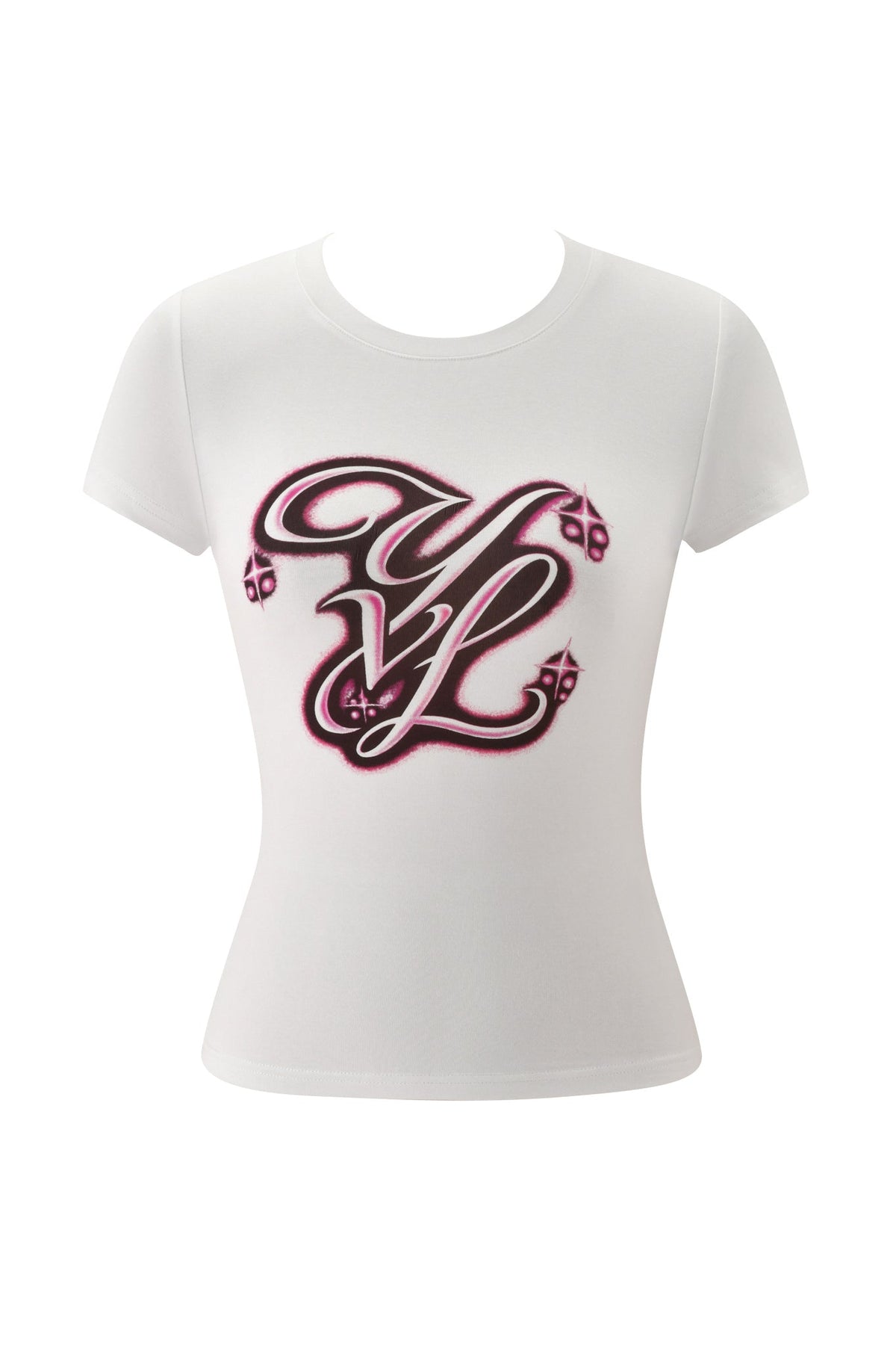 White short-sleeve YVL T-SHIRT - WHITE MONOGRAM featuring a stylized pink and black spray-paint-effect “YVL” monogram on the chest.