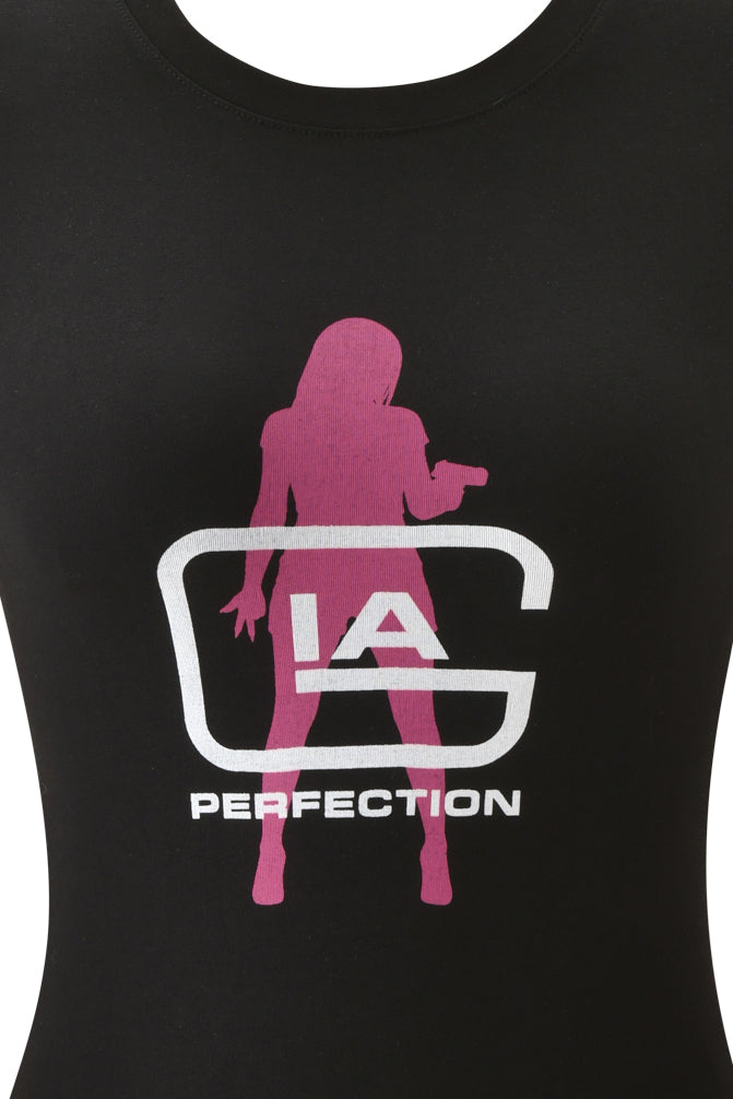 Black YVL T-SHIRT - BLACK GIA fitted t-shirt featuring a pink silhouette of a person and the white text “GIA” and “PERFECTION.”