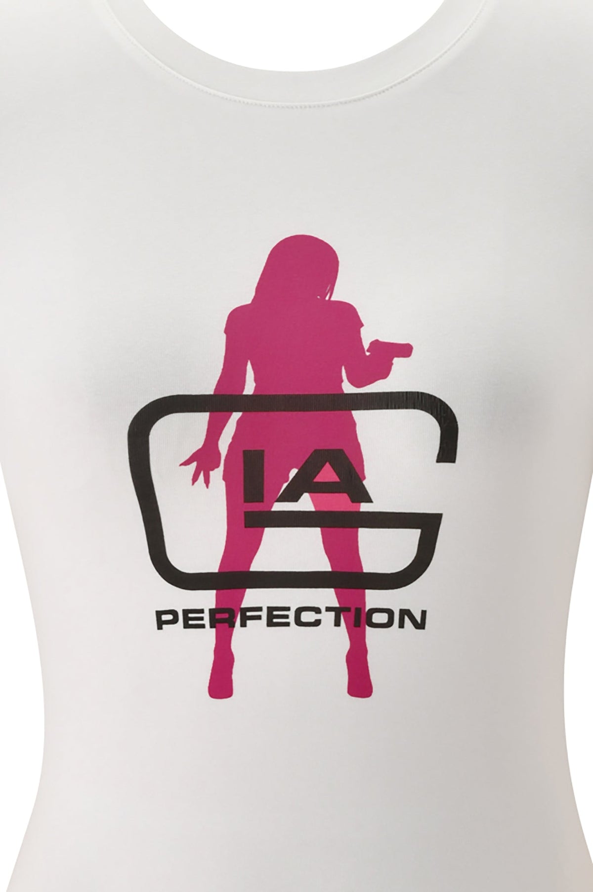 White YVL T-SHIRT - WHITE GIA featuring a pink silhouette of a woman holding a pistol, overlaid with the black text “IA” inside a stylized bracket and the word “PERFECTION” below.