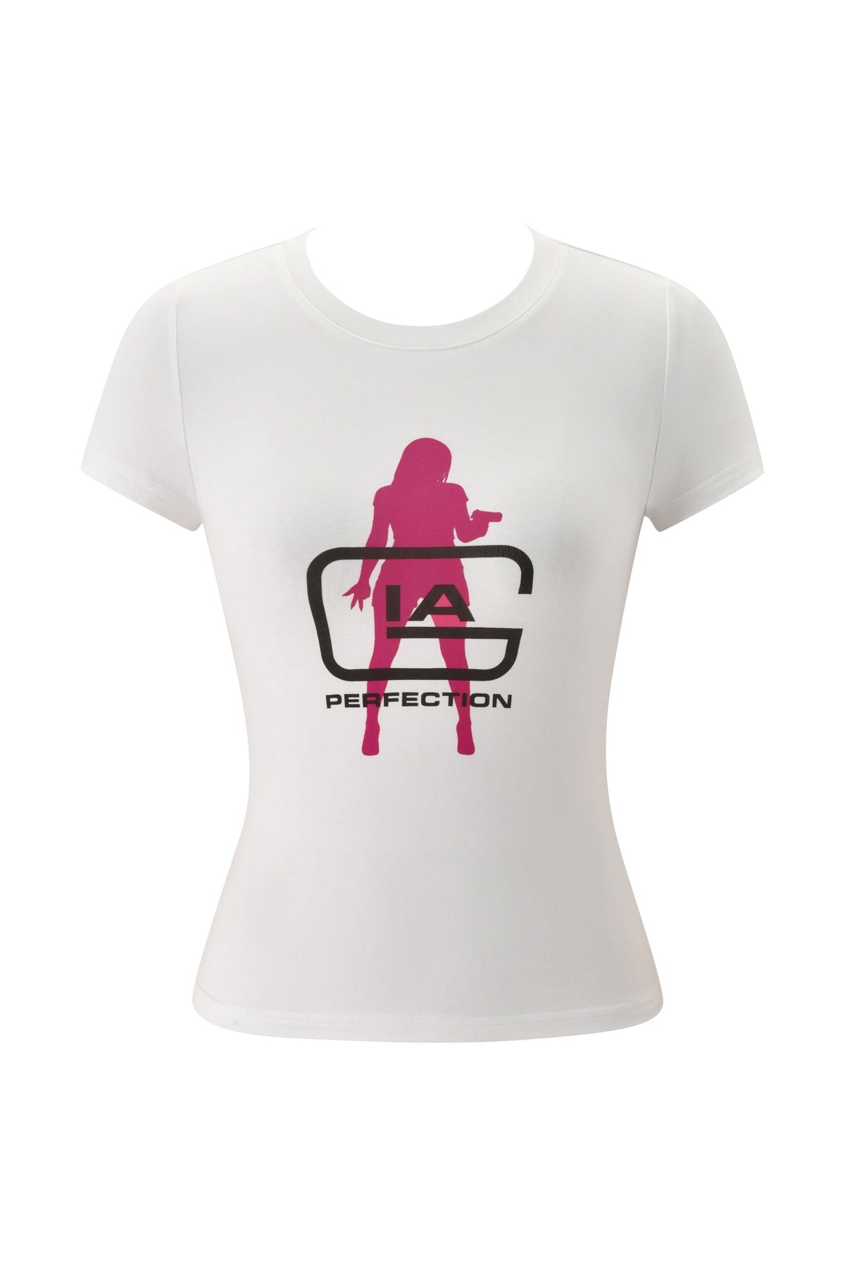 White YVL T-SHIRT - WHITE GIA featuring a pink silhouette of a woman inside a black frame on the chest with the text “IA PERFECTION.”