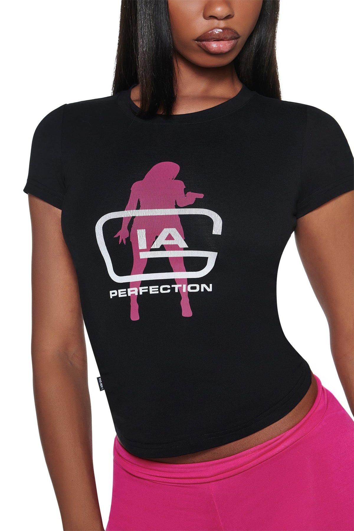 Black YVL T-SHIRT - BLACK GIA fitted crewneck featuring a pink silhouette graphic and white text reading “IA” and “PERFECTION” on the chest.