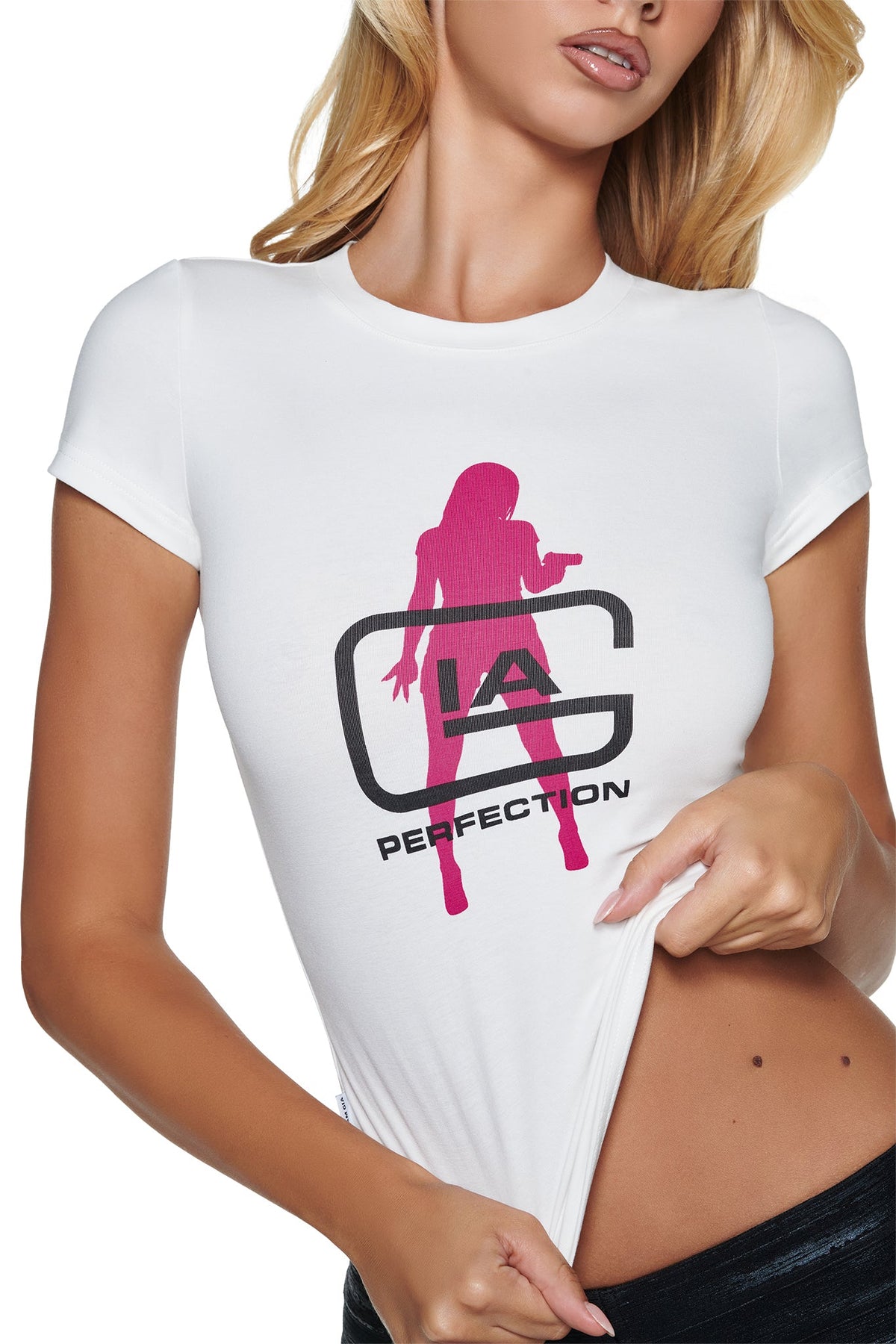 A white YVL T-SHIRT - WHITE GIA featuring a pink silhouette over black lettering that reads “IA” and “PERFECTION.”