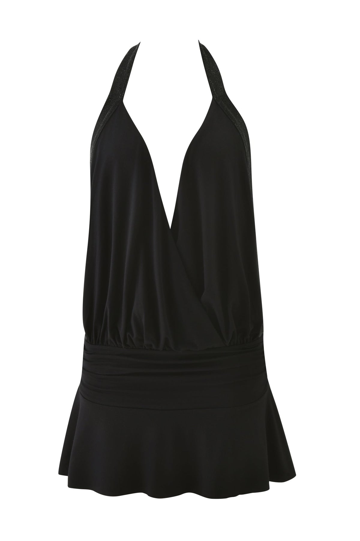 AMARYS MINI DRESS - BLACK: a black halter mini dress with a deep V-neckline, wide ruched waistband, and draped silhouette.
