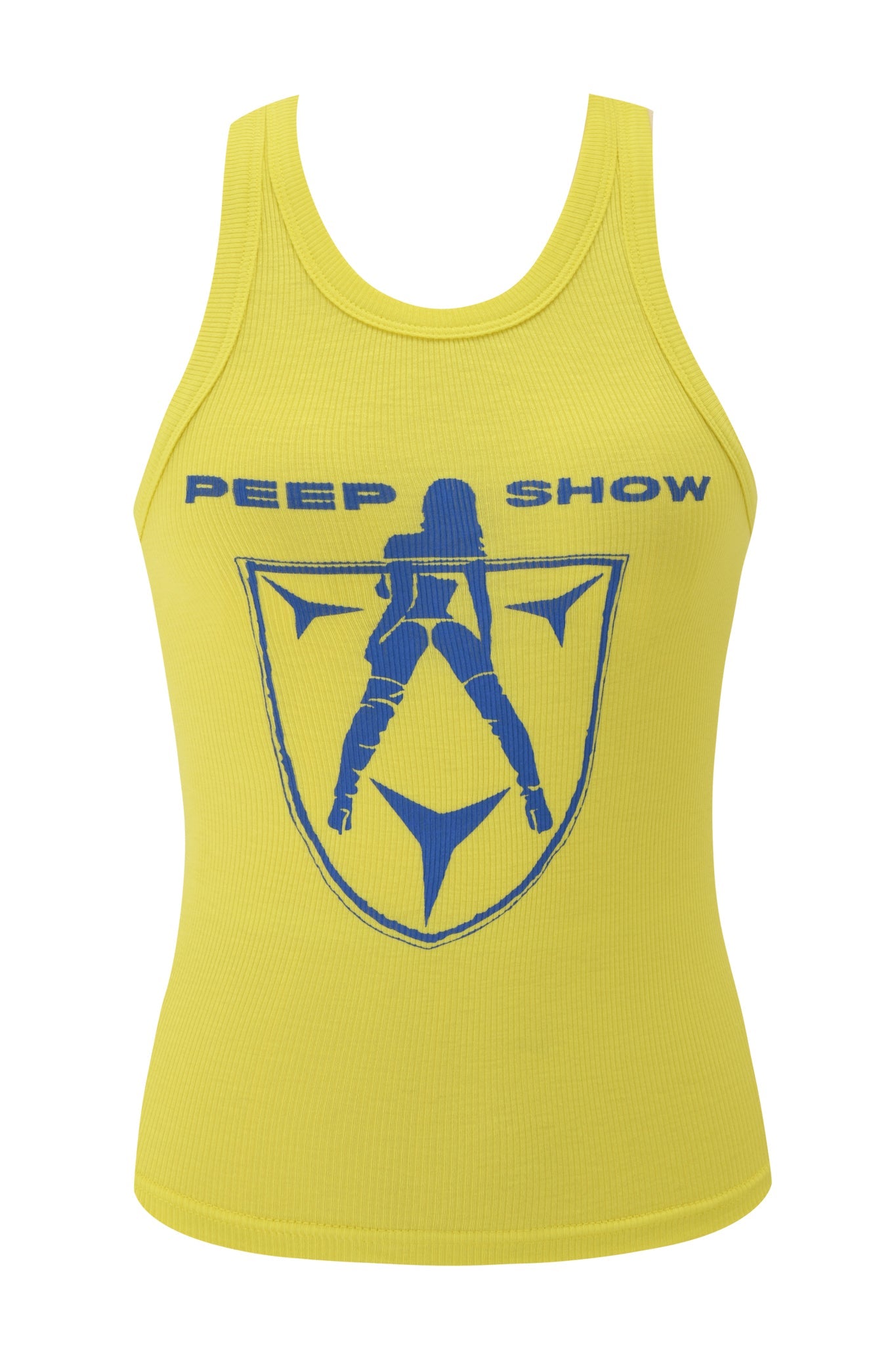 The I.AM.GIA PENELOPE TANK - BLUE PEEP SHOW is a yellow ribbed tank featuring blue "PEEP SHOW" text and a woman’s silhouette posing inside a stylized shield.