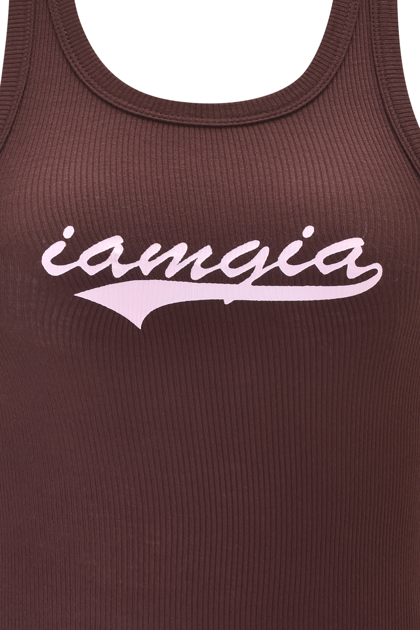 Close-up of the PENELOPE TANK in brown by I.AM.GIA, featuring ribbed fabric and "iamgia" in light pink cursive across the chest.