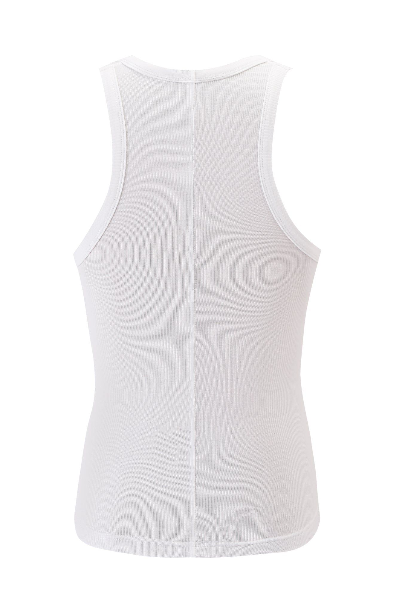 Back view of the PENELOPE TANK - GIA GIRL by I.AM.GIA in classic ribbed fabric, featuring a seamless vertical seam on a pristine white background.