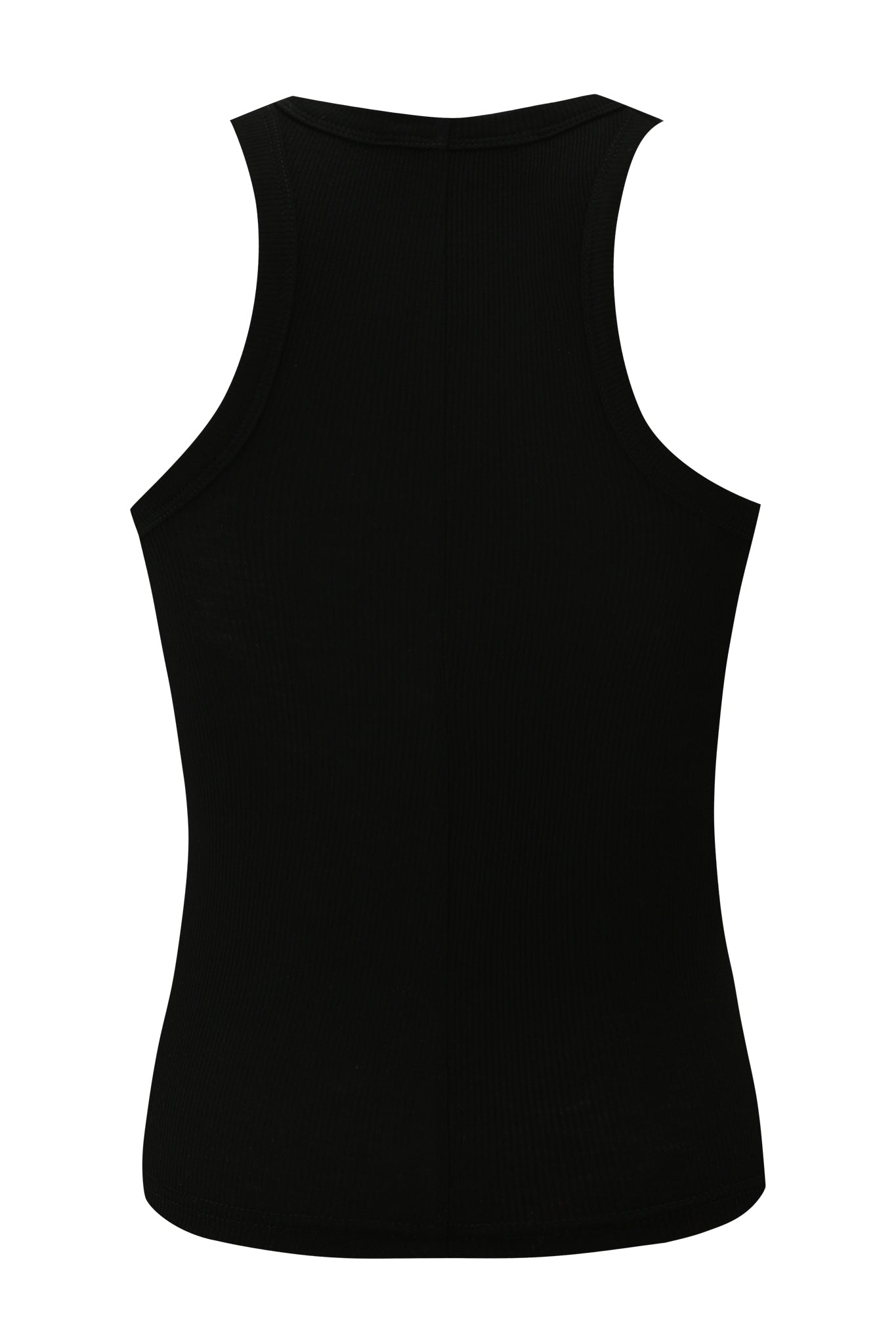 The PENELOPE TANK - GIA LOGO by I.AM.GIA is a plain black ribbed racer tank top, shown from the back with a fitted silhouette and racerback design, echoing the brand's bold signature style.