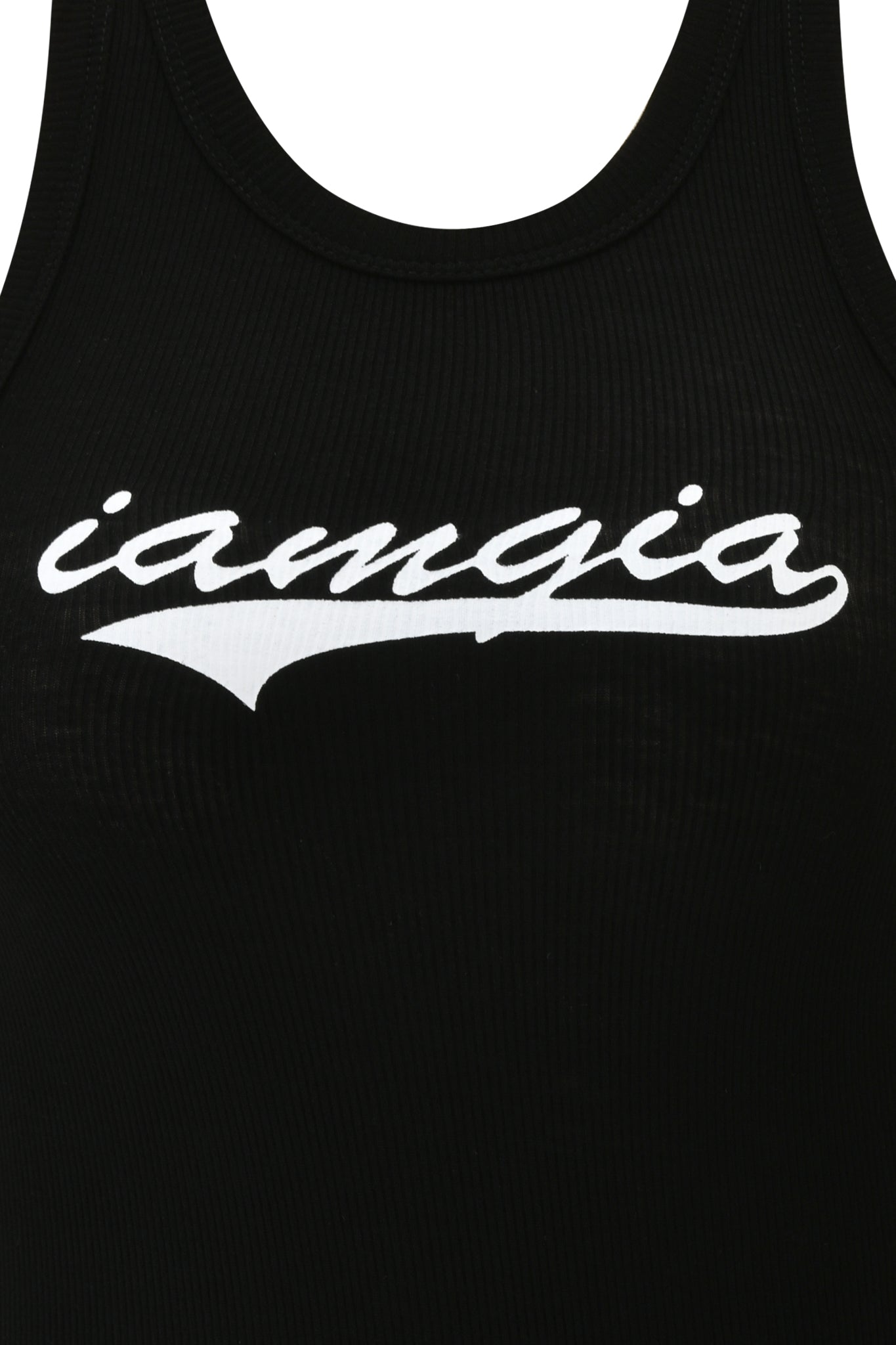 Close-up of the I.AM.GIA PENELOPE TANK - GIA LOGO, a black ribbed racer tank top with "iamgia" in white cursive across the chest, inspired by the original Penelope tank.