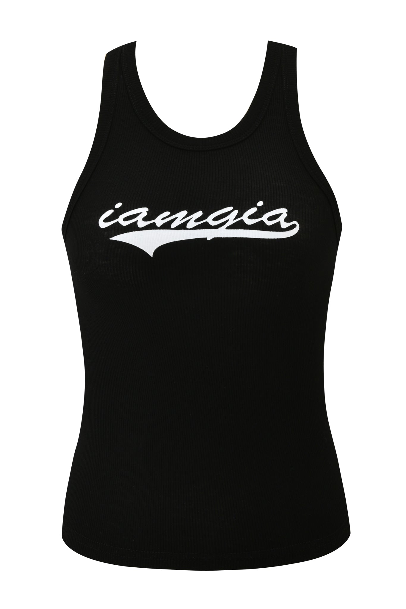 The PENELOPE TANK - GIA LOGO by I.AM.GIA is a black ribbed racer tank with a scoop neckline, featuring the "iamgia" logo in white cursive across the chest.