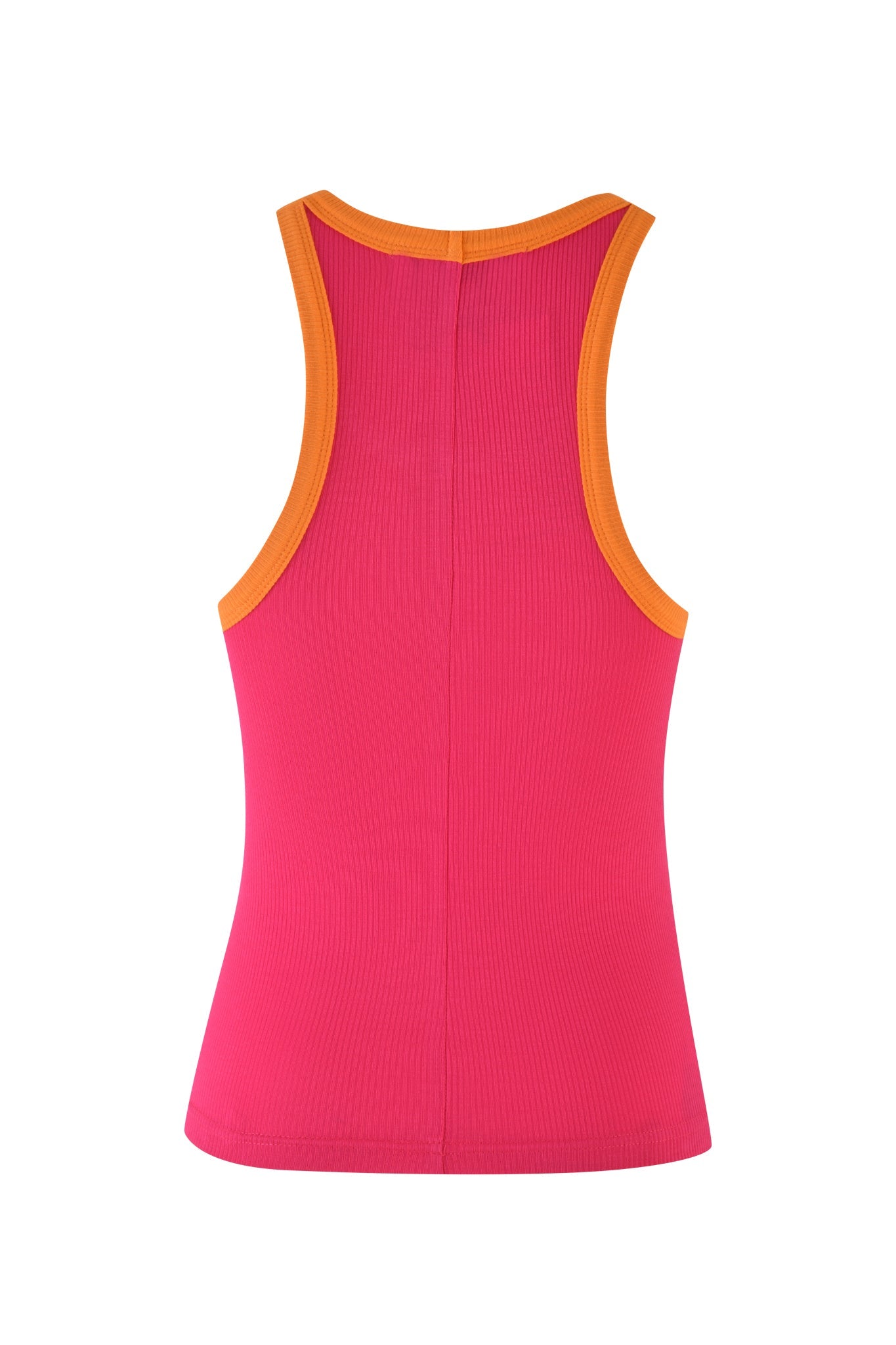 The PENELOPE TANK - PINK : HOT PINK by I.AM.GIA is a vibrant hot pink ribbed tank top with orange trim, showcasing a trendy racerback design and a bodycon fit.