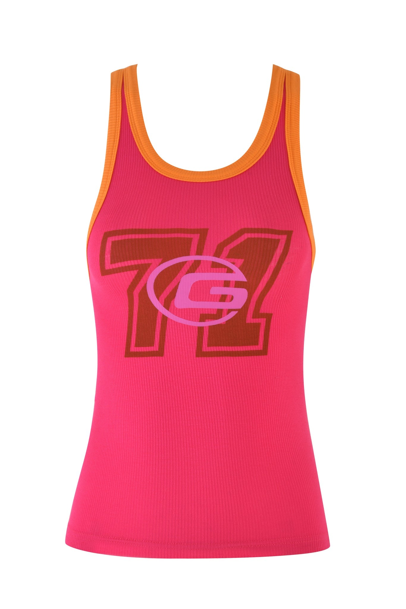 The I.AM.GIA Penelope Tank in hot pink is a sleeveless top accented with vibrant orange trim. It showcases a bold "71" on the front with a stylized "e" at its center, providing a flattering bodycon fit that's both stylish and daring.