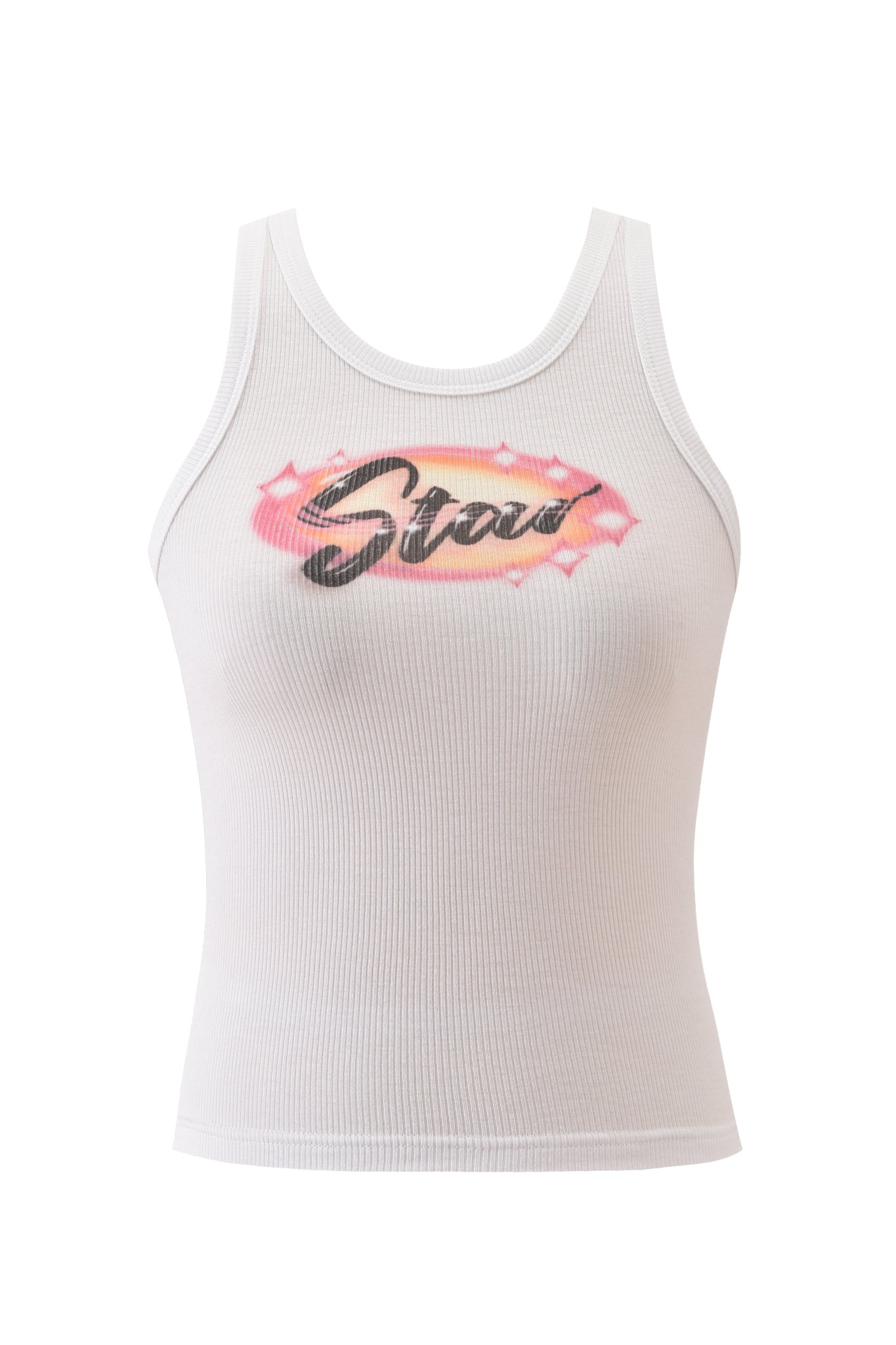 The I.AM.GIA PENELOPE TANK - STAR AIRBRUSH is a white ribbed racer tank top with a vibrant chest graphic reading "Star" in stylized black letters over a pink, orange, and yellow starburst background.