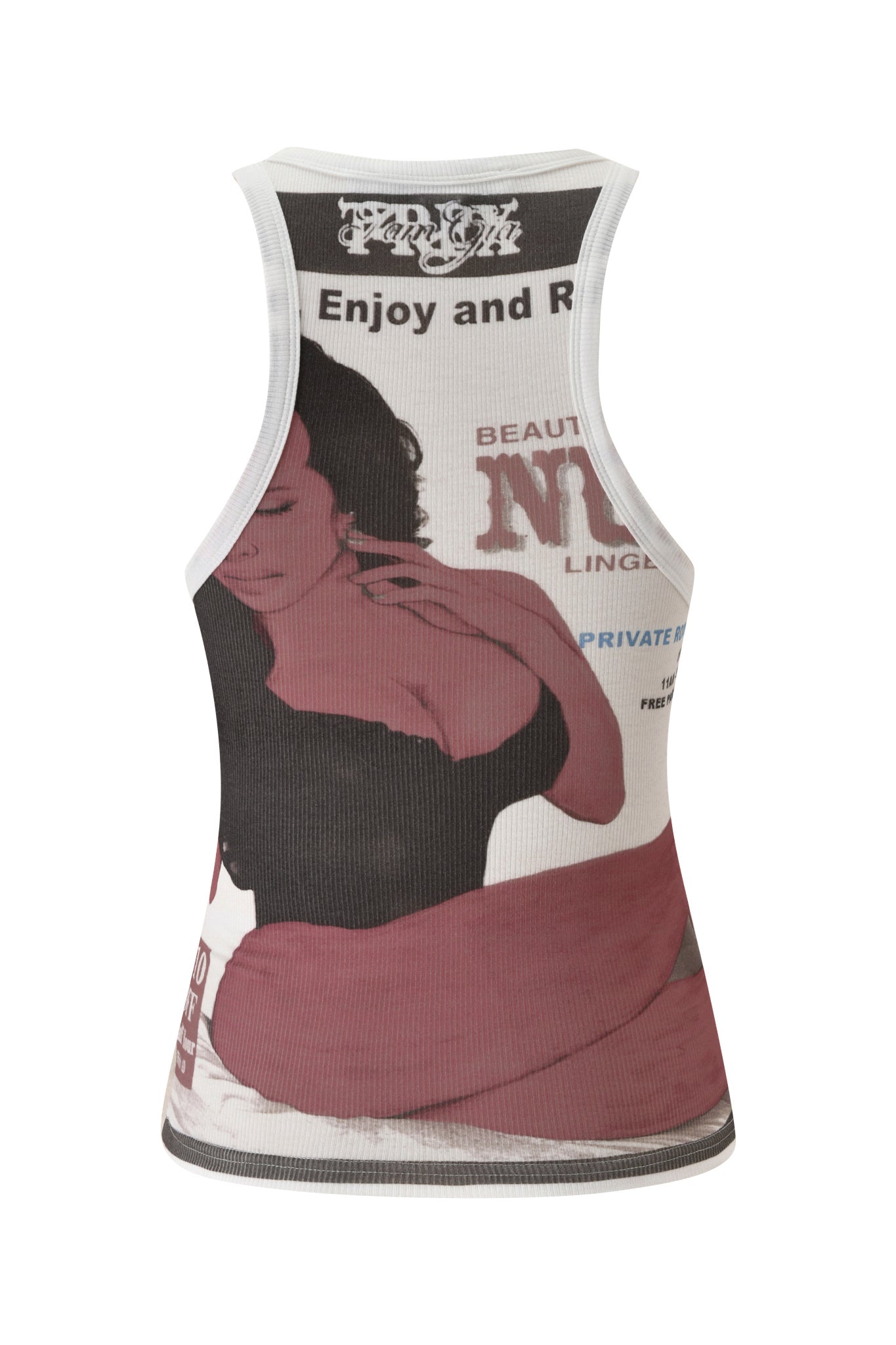 Introducing the T-REX PENELOPE TANK - WHITE by I.AM.GIA: a white racer tank top featuring a vintage-style graphic of a woman on the back, accented with bold I.AM.GIA branding and decorative elements in eye-catching black, white, and red—perfect for summer festivals.