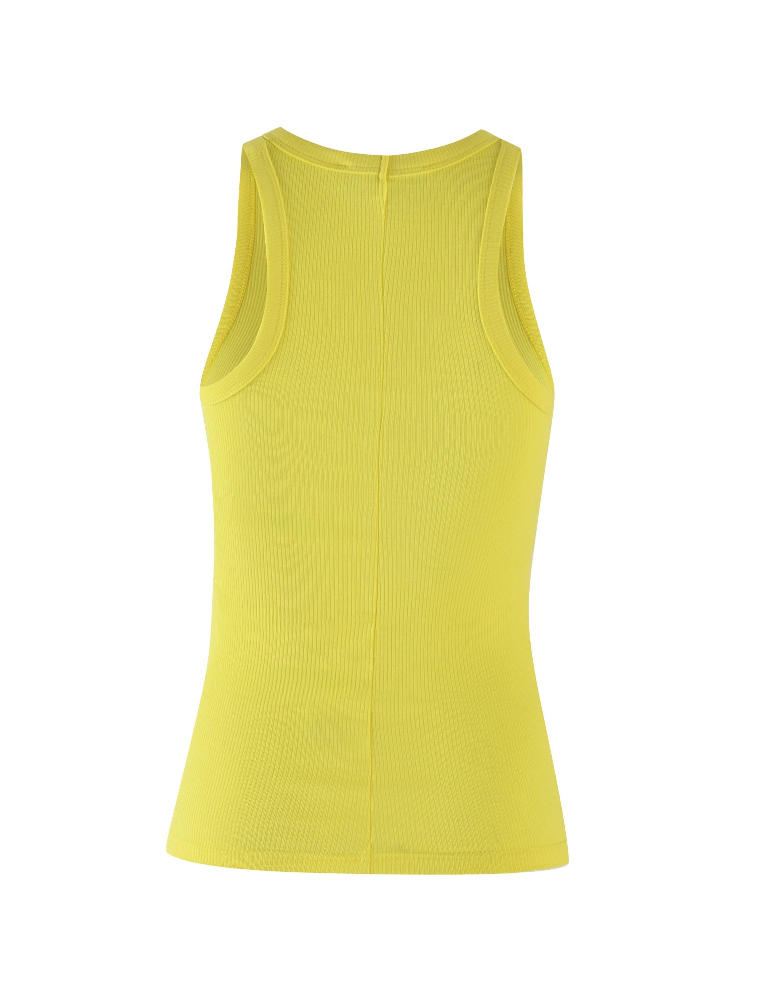 A sleeveless PENELOPE TANK - YELLOW by I.AM.GIA is shown against a plain white background. The tank top features a racerback design and is made from ribbed fabric.