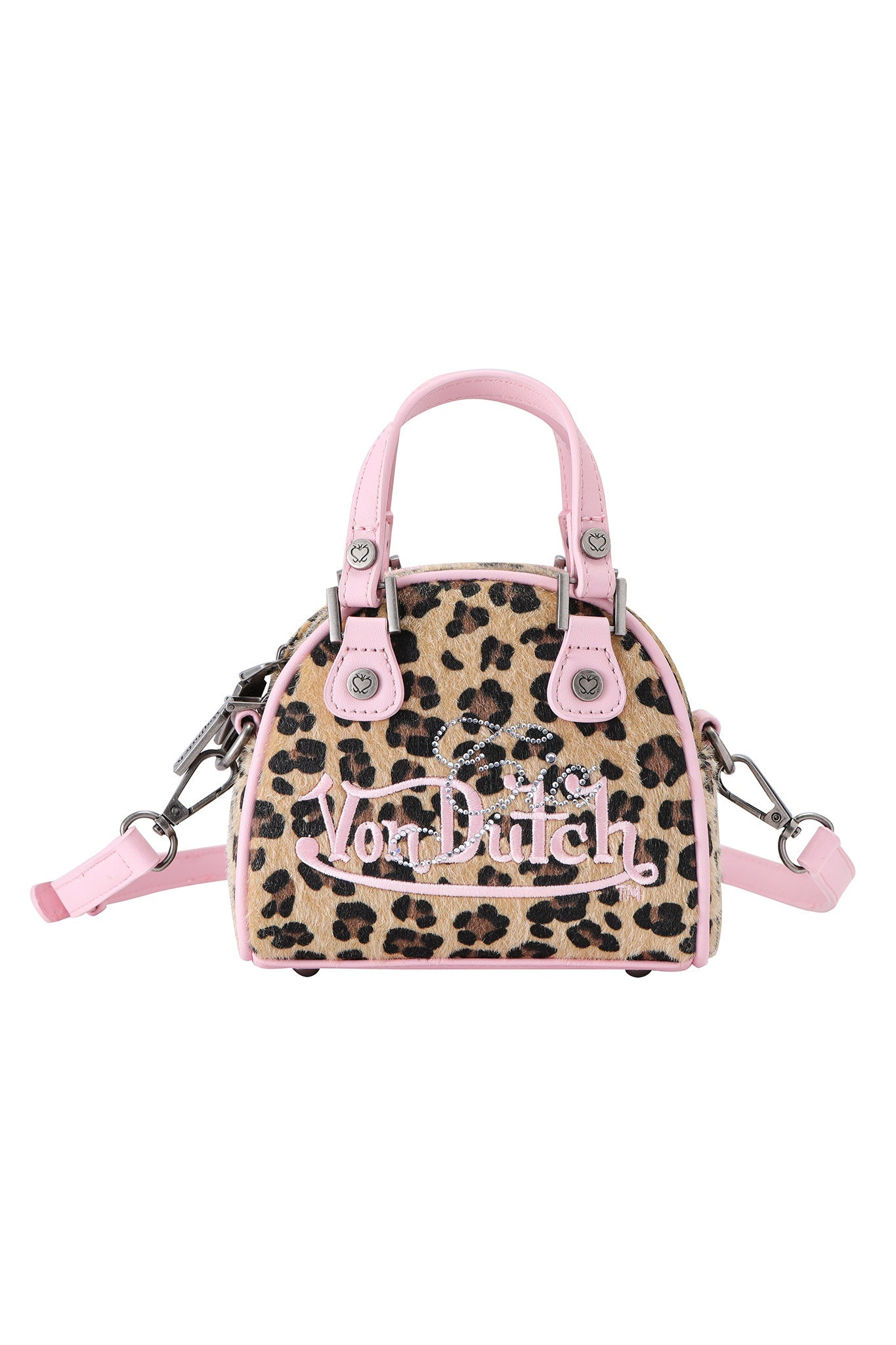 The I.AM.GIA X Von Dutch Mini Bowling Bag - Leopard is a chic mini bag with leopard print, pink handles and trim, plus the iconic Von Dutch logo in sparkly white and pink—perfect for elevating any outfit.