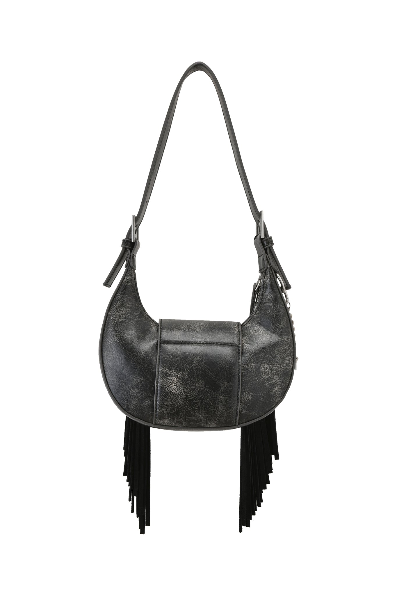 The TIA BAG - BLACK FRINGE by I.AM.GIA is a black faux leather shoulder purse with a curved shape, adjustable strap, and black fringe detail on the sides. It features a slightly distressed look and minimal decoration.