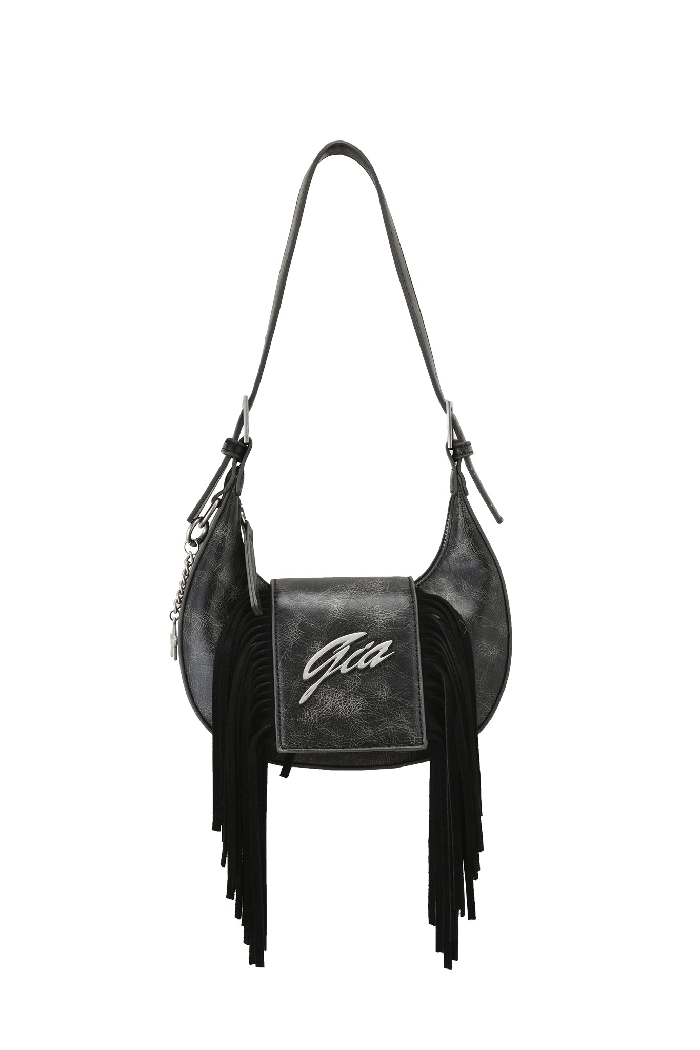 The I.AM.GIA TIA BAG - BLACK FRINGE is a black faux leather shoulder purse with a flap closure, silver "Gia" logo, side buckles, cascading fringe, an adjustable strap, and a silver keychain accessory.