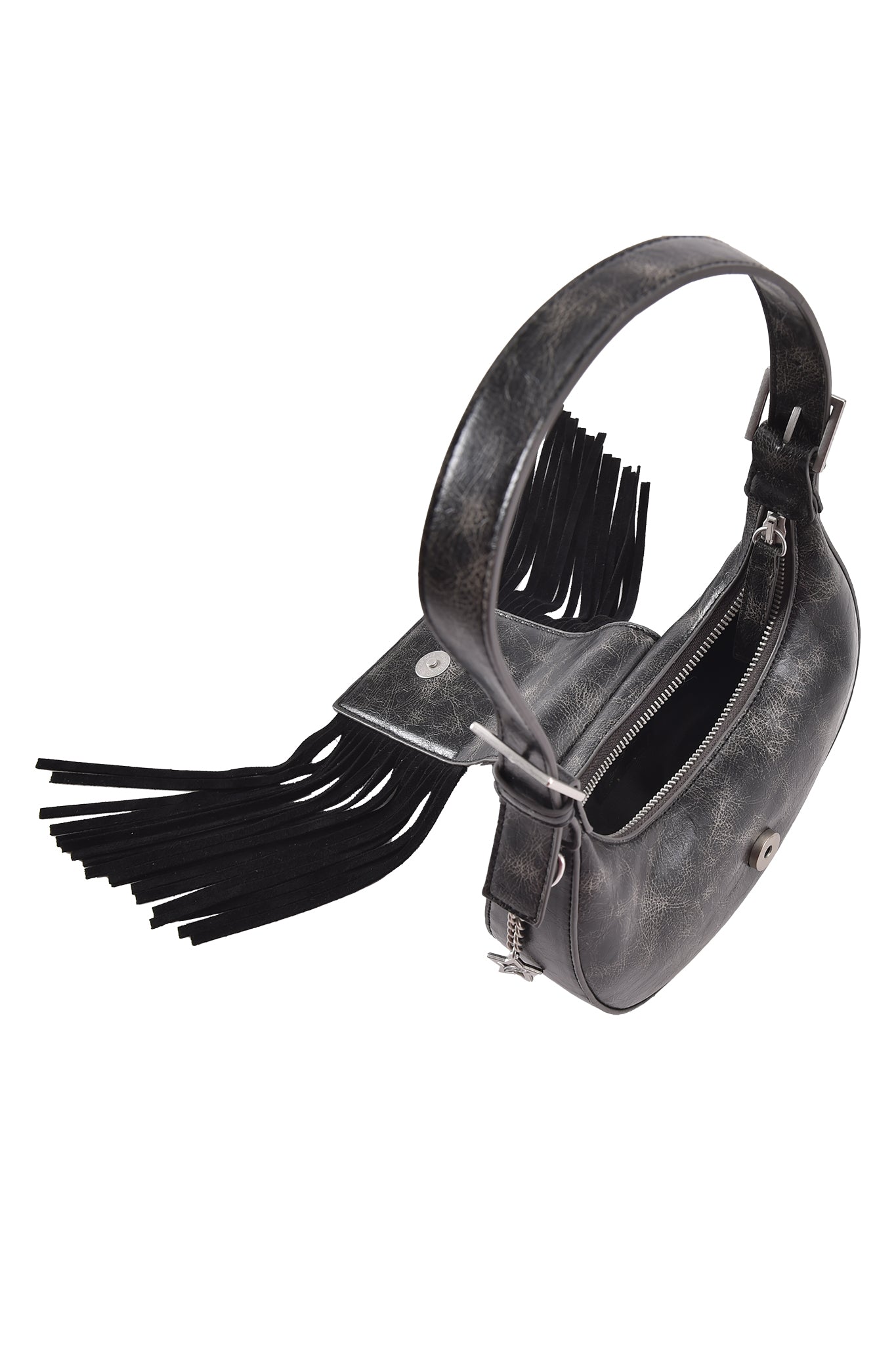 The TIA BAG - BLACK FRINGE by I.AM.GIA is a black faux leather shoulder purse with a wide, adjustable strap and fringe detailing, featuring an open flap that reveals a zippered inner compartment.