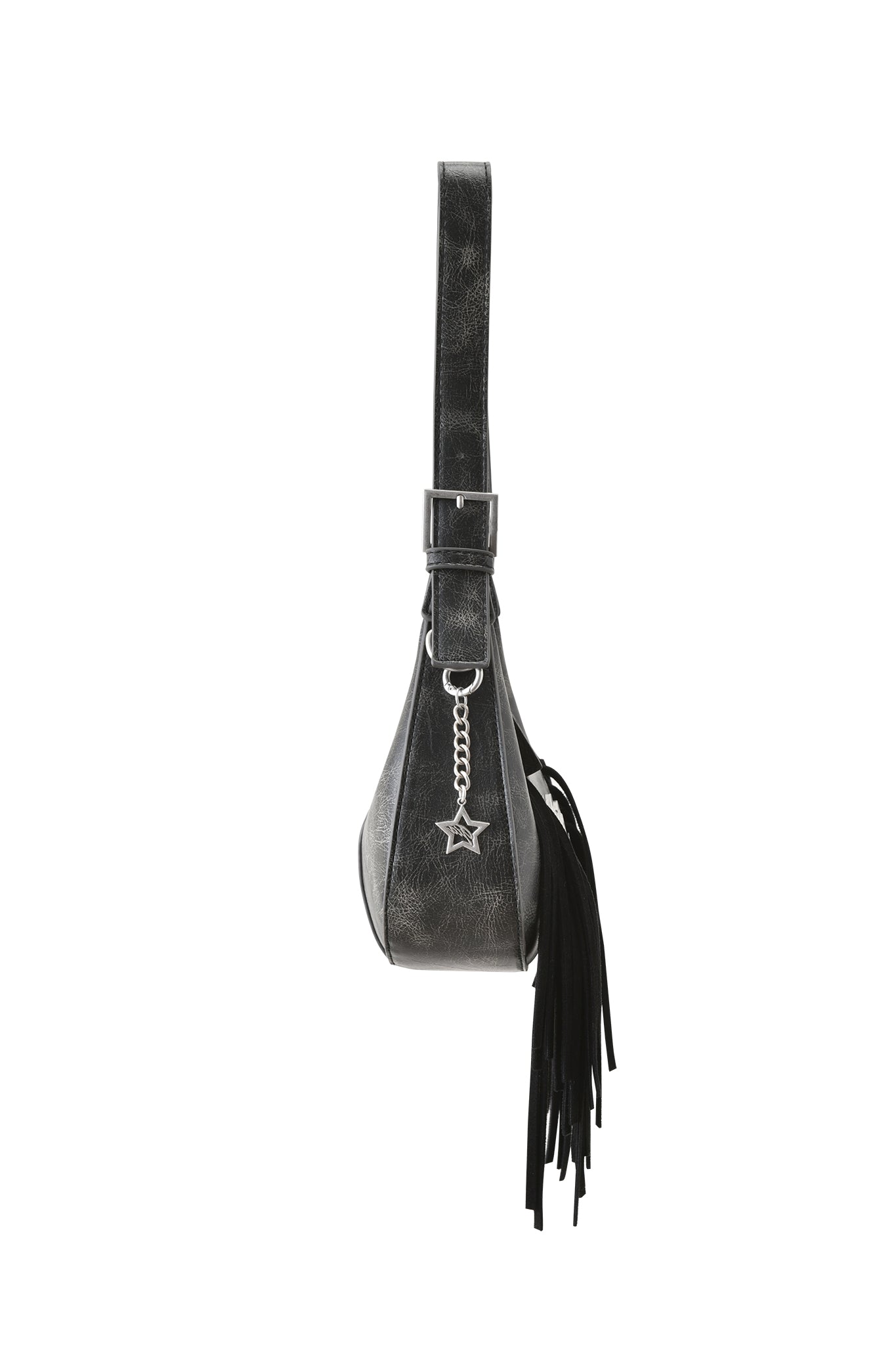 Side view of the I.AM.GIA TIA BAG - BLACK FRINGE, a black faux leather shoulder purse with thick adjustable strap, silver chain, star-shaped charm, and long black fringe detail on the side.