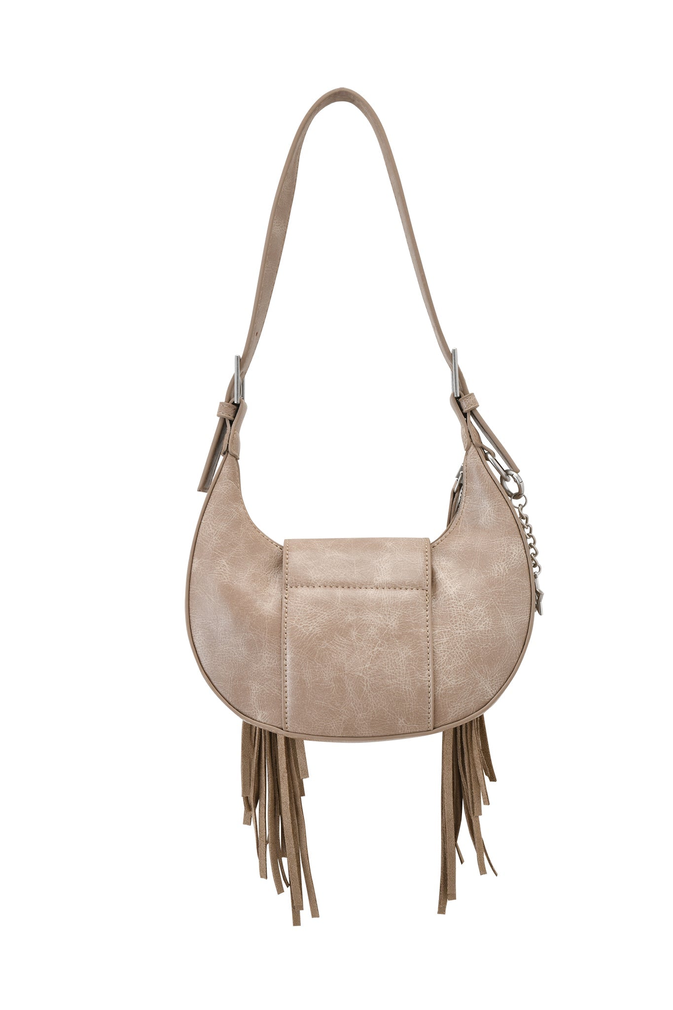 The TIA BAG - TAN FRINGE by I.AM.GIA is a tan faux leather, crescent-shaped shoulder purse featuring a single strap, front pocket, fringe detail at the bottom, and a stylish small metal chain accent on the side.