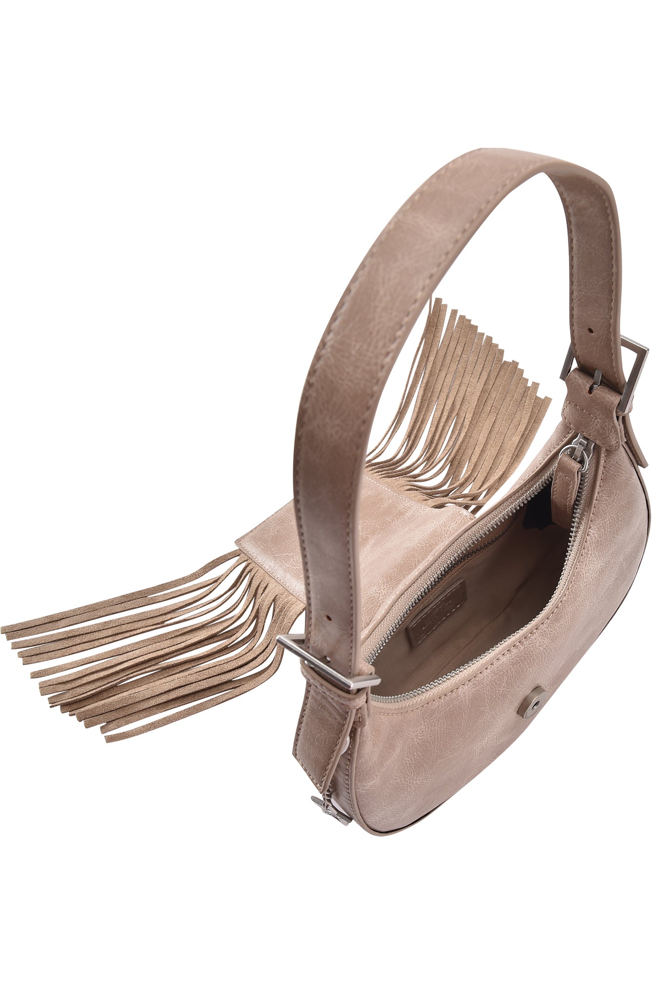 The TIA BAG - TAN FRINGE by I.AM.GIA is a beige suede handbag with a short handle, black-lined interior, and long fringe detailing on the flap—adding flair to this versatile purse for any occasion.