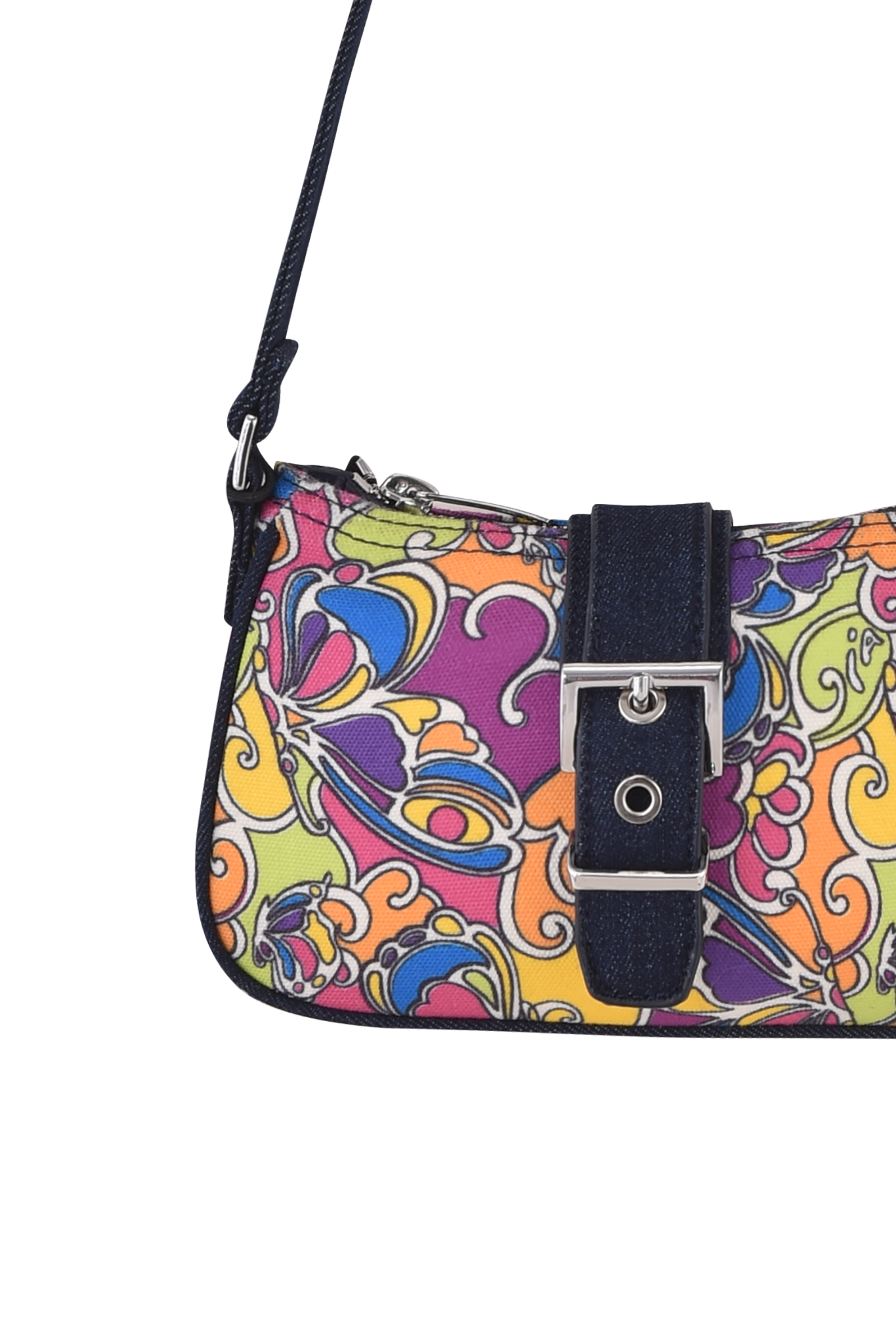 The LILLIA BAG - TROPICAL BUTTERFLY BLOOM by I.AM.GIA features an abstract floral pattern in yellow, purple, blue, and orange, finished with a dark strap and denim-like strap with a silver front buckle.