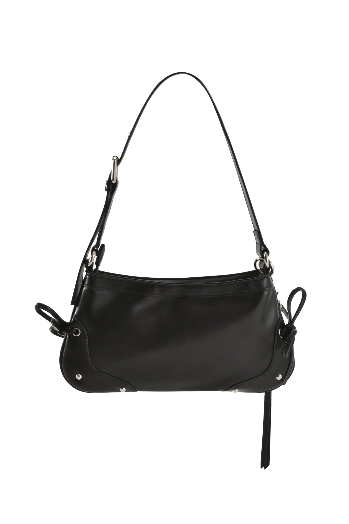 The I.AM.GIA HAYLEY BAG - BLACK is a sleek faux leather shoulder purse with silver hardware, decorative side knots, an adjustable wide strap, and subtle stitching for a refined minimalist look.