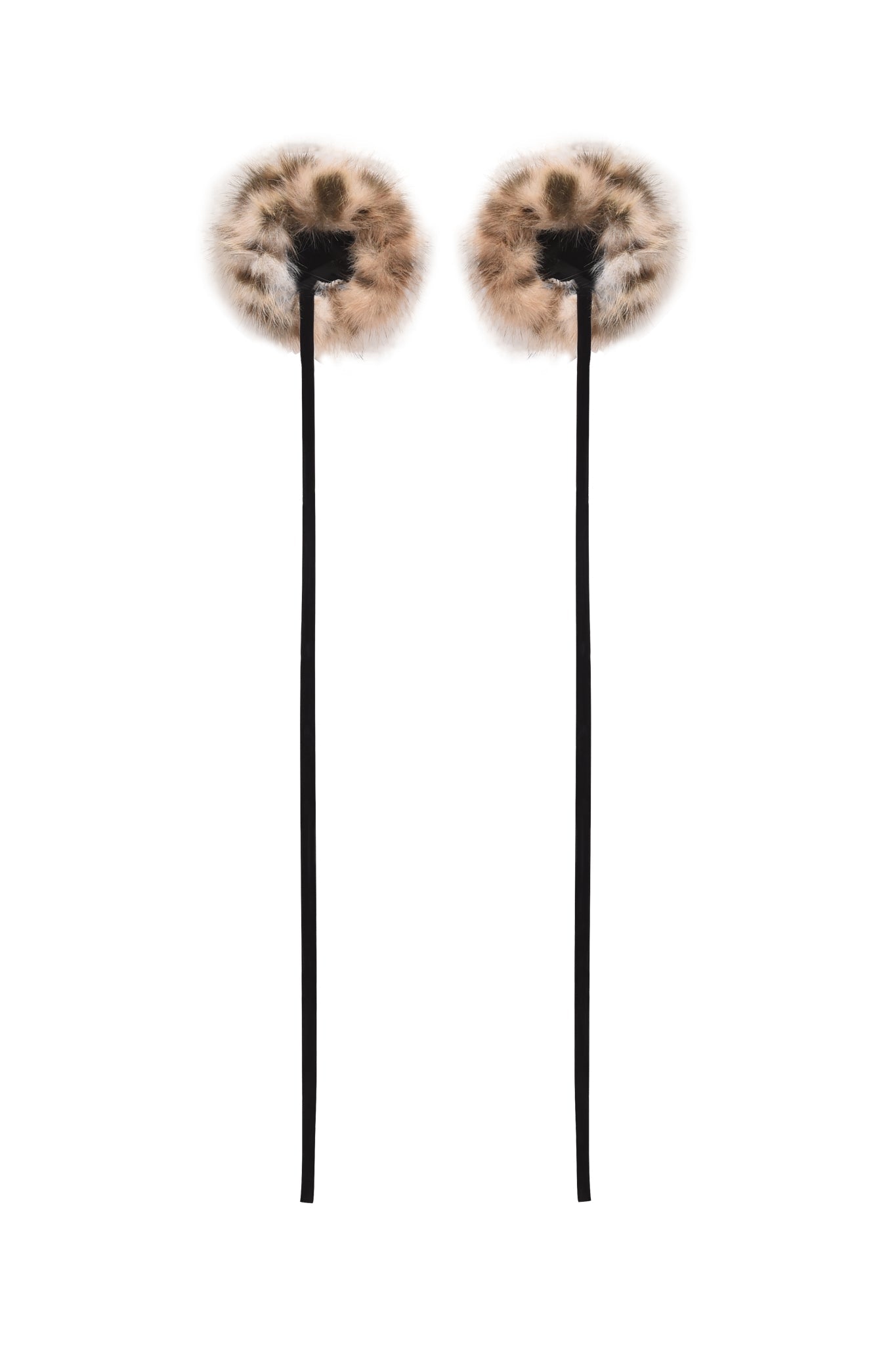 The I.AM.GIA FAWN HEADPHONE COVERS - LEOPARD are fluffy, round brown-and-black faux fur accessories for AirPods Max, shown on long black sticks against a white background.