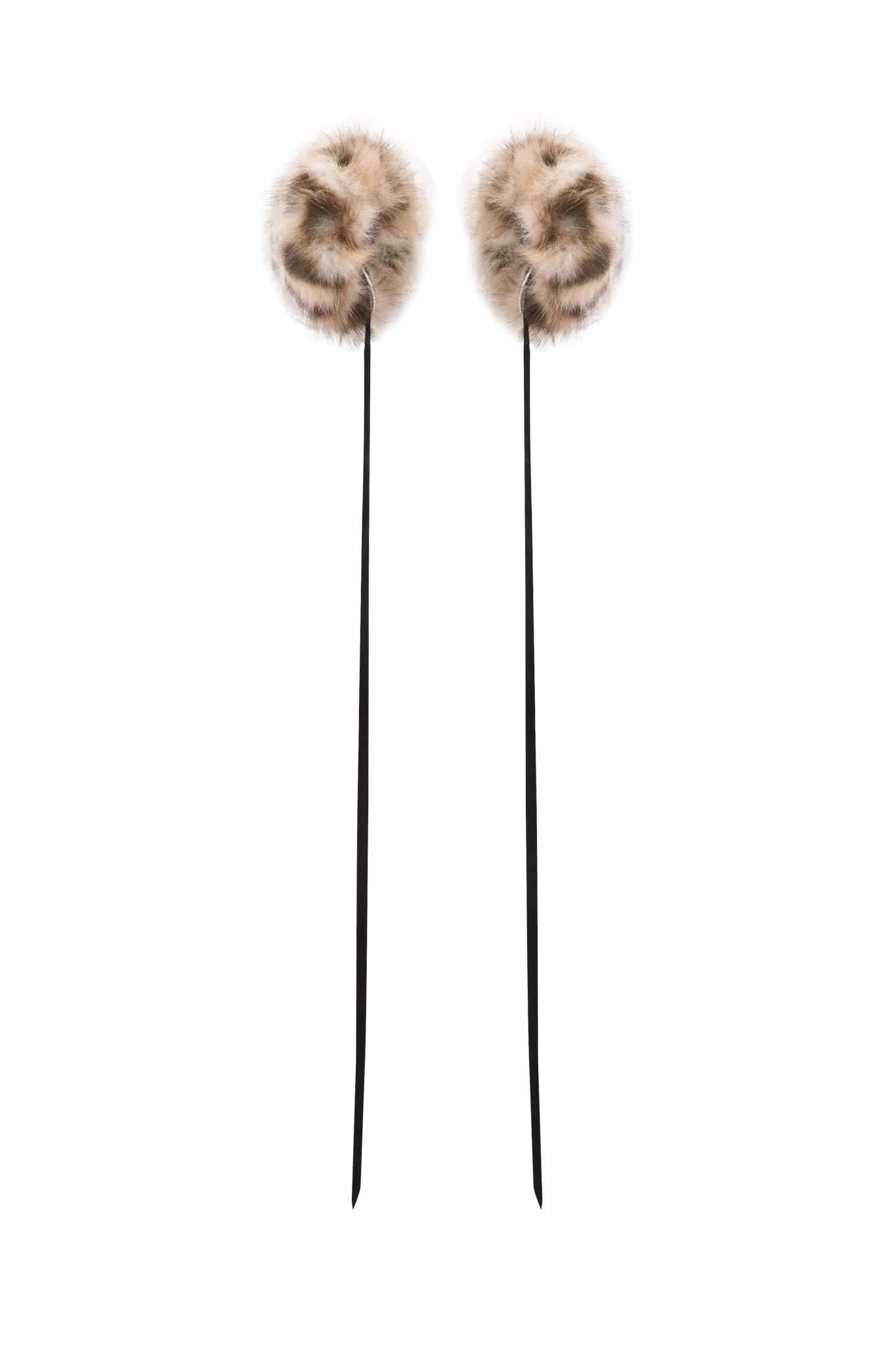 The I.AM.GIA FAWN HEADPHONE COVERS - LEOPARD feature two fluffy, round faux fur pom-poms in light brown and black with long black ribbons—perfect as playful covers for your headphones or a unique Airpod Max accessory.