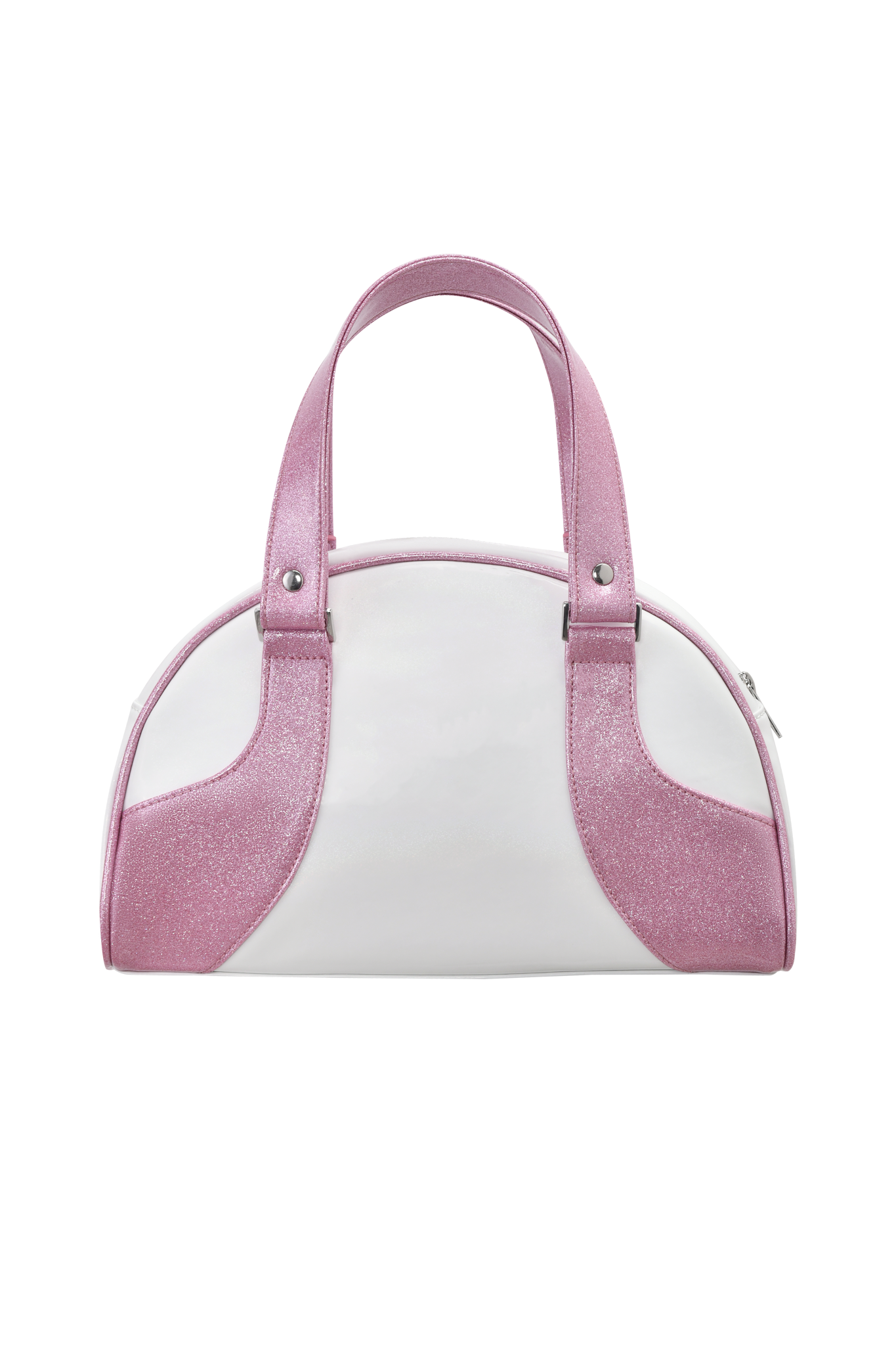 The FAFI BAG - PINK by I.AM.GIA features a white sparkly vinyl body, shiny pink handles and side accents, and a sleek, glossy finish—shown against a light pink background as part of an exclusive FAFI collaboration.