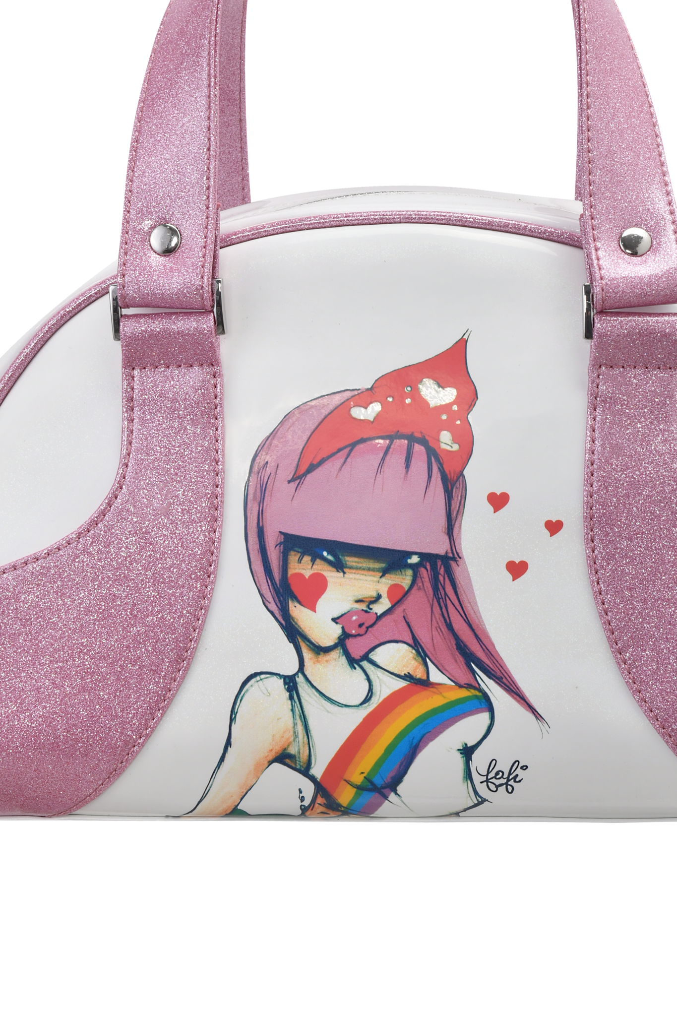 Introducing the FAFI BAG - PINK by I.AM.GIA: a white and pink sparkly vinyl bag with an illustrated girl with pink hair, heart details, and a rainbow on her chest. Part of the exclusive FAFI collaboration. Red hearts float around her.