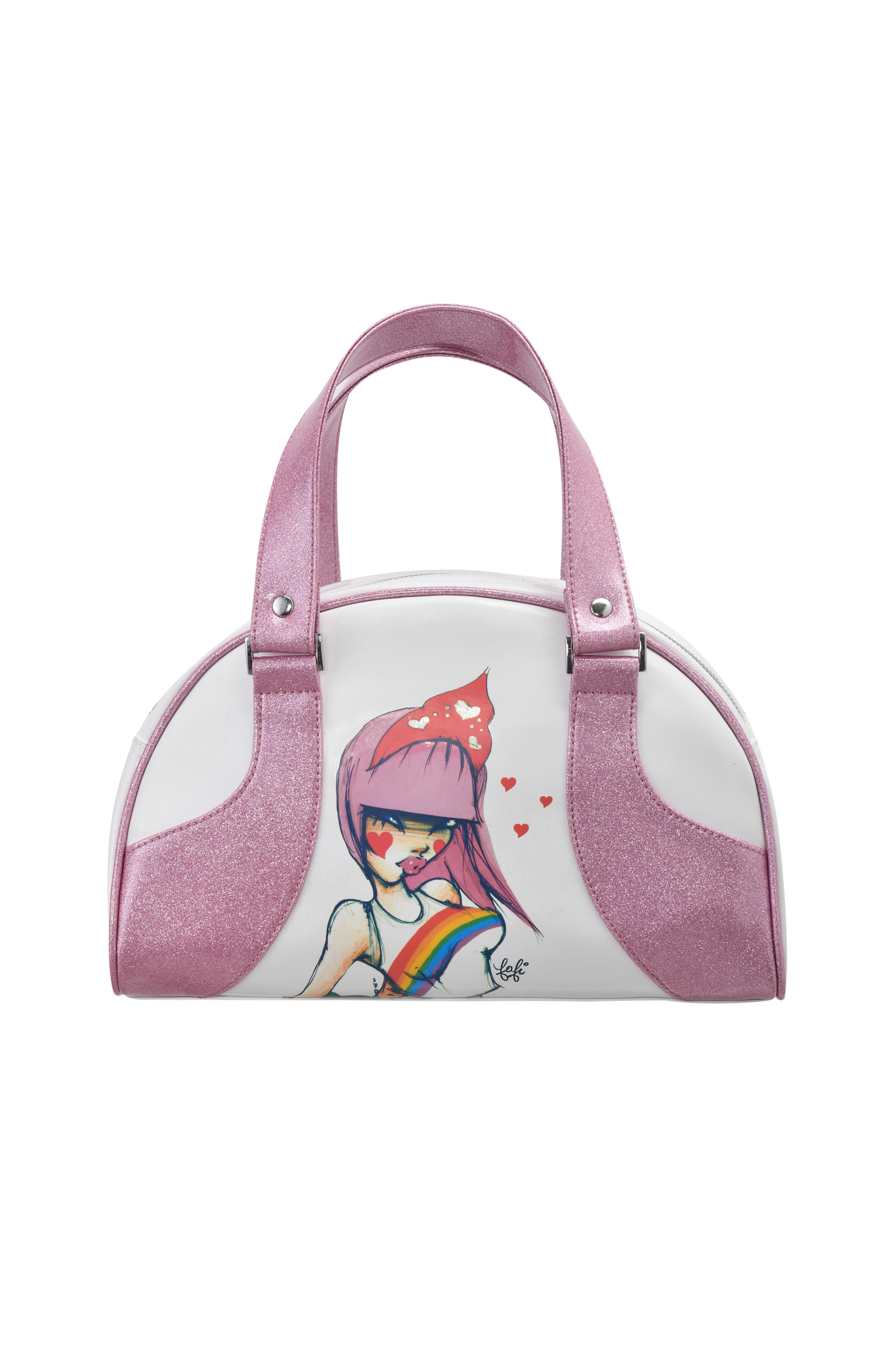 The FAFI BAG - PINK by I.AM.GIA is a sparkly vinyl bag with glittery pink handles and sides, featuring a girl with purple hair, a red bow, rainbow shirt, and red hearts on her face.