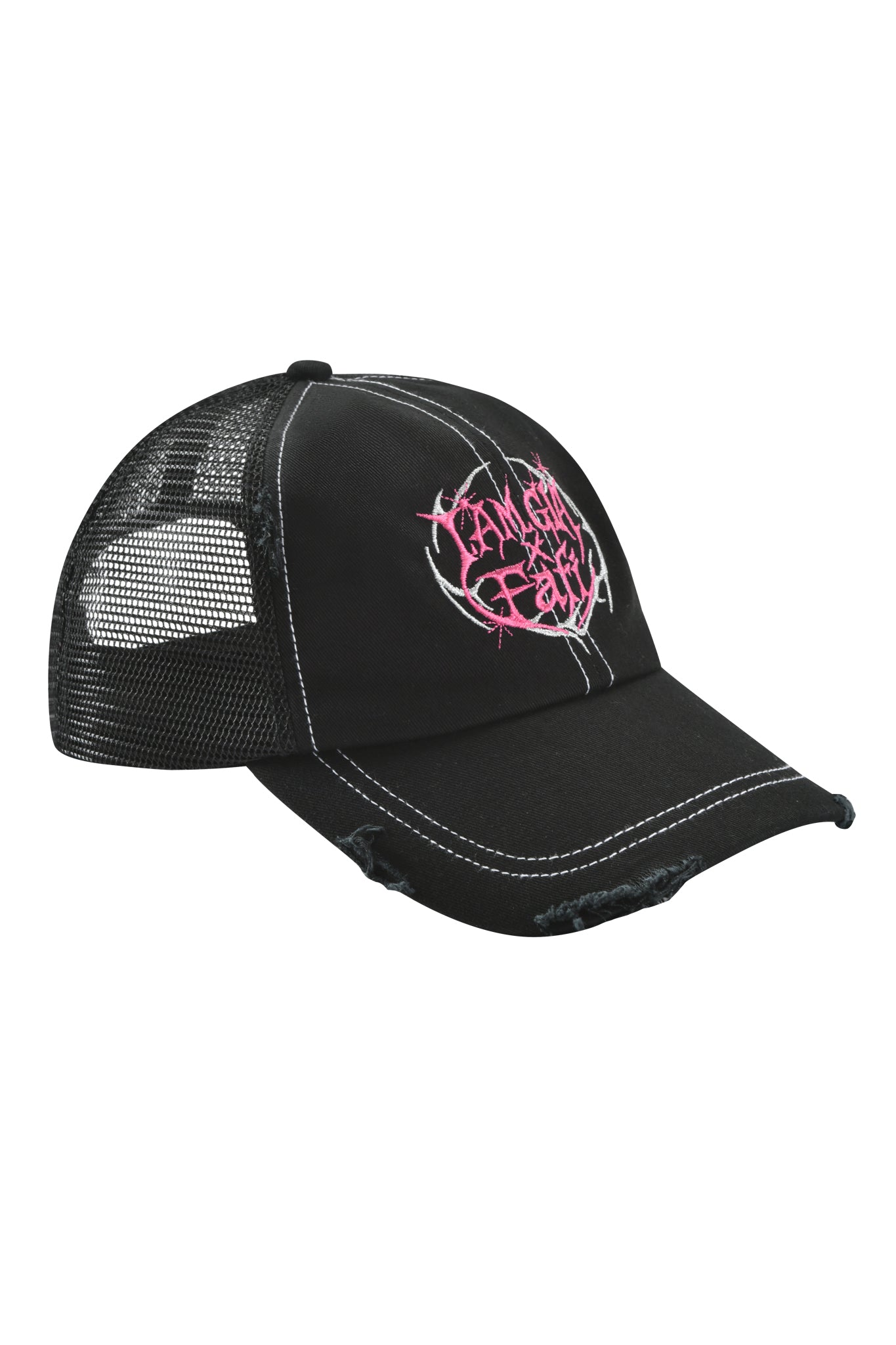 The FAFI HAT - BLACK by I.AM.GIA is a distressed black trucker hat featuring white stitching, light distressing on the brim, an embroidered IAMGIA x FAFI logo, and a pink graffiti-style heart on the front.