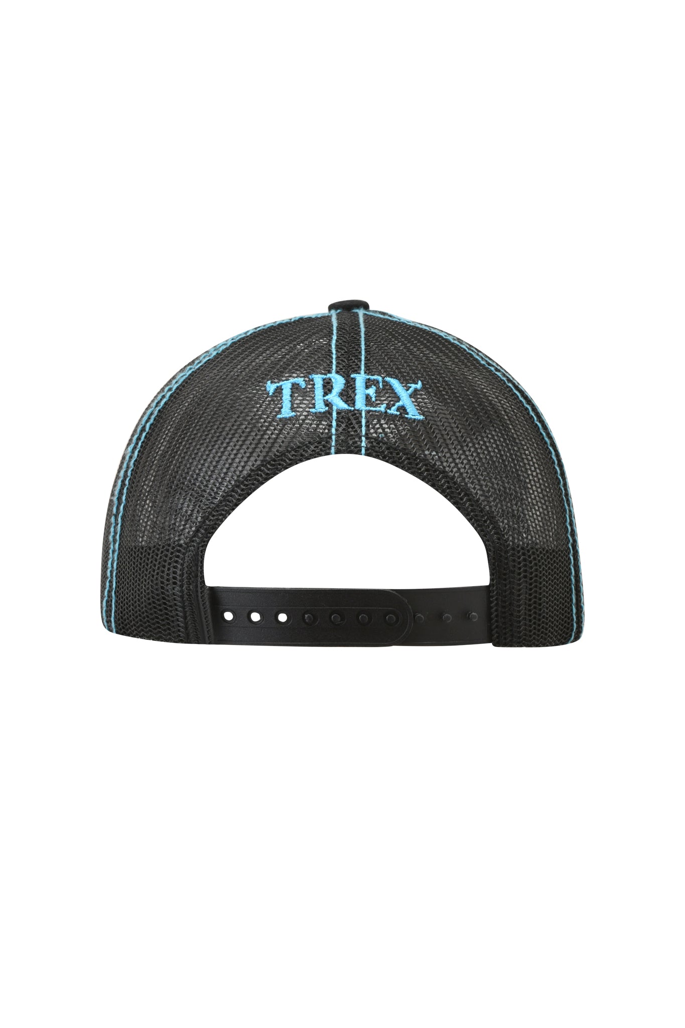 The T-REX HAT - BLACK by I.AM.GIA showcases a distressed black mesh trucker design viewed from the back, with “TREX” in light blue embroidery above the adjustable snap closure. Subtle I.AM.GIA branding completes the signature look.
