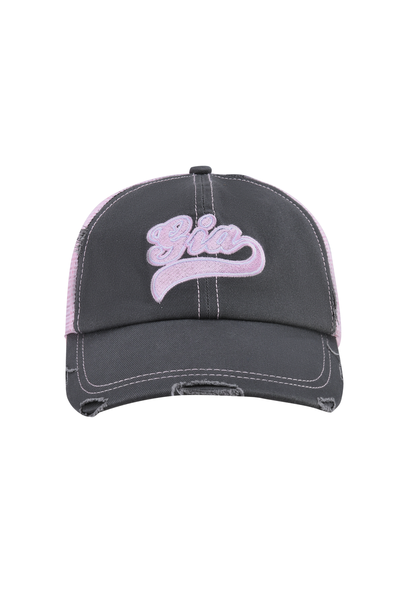 The SHILOH HAT by I.AM.GIA features a grey distressed trucker style with white stitching and the custom Gia logo embroidered in baby pink and white script on the front.