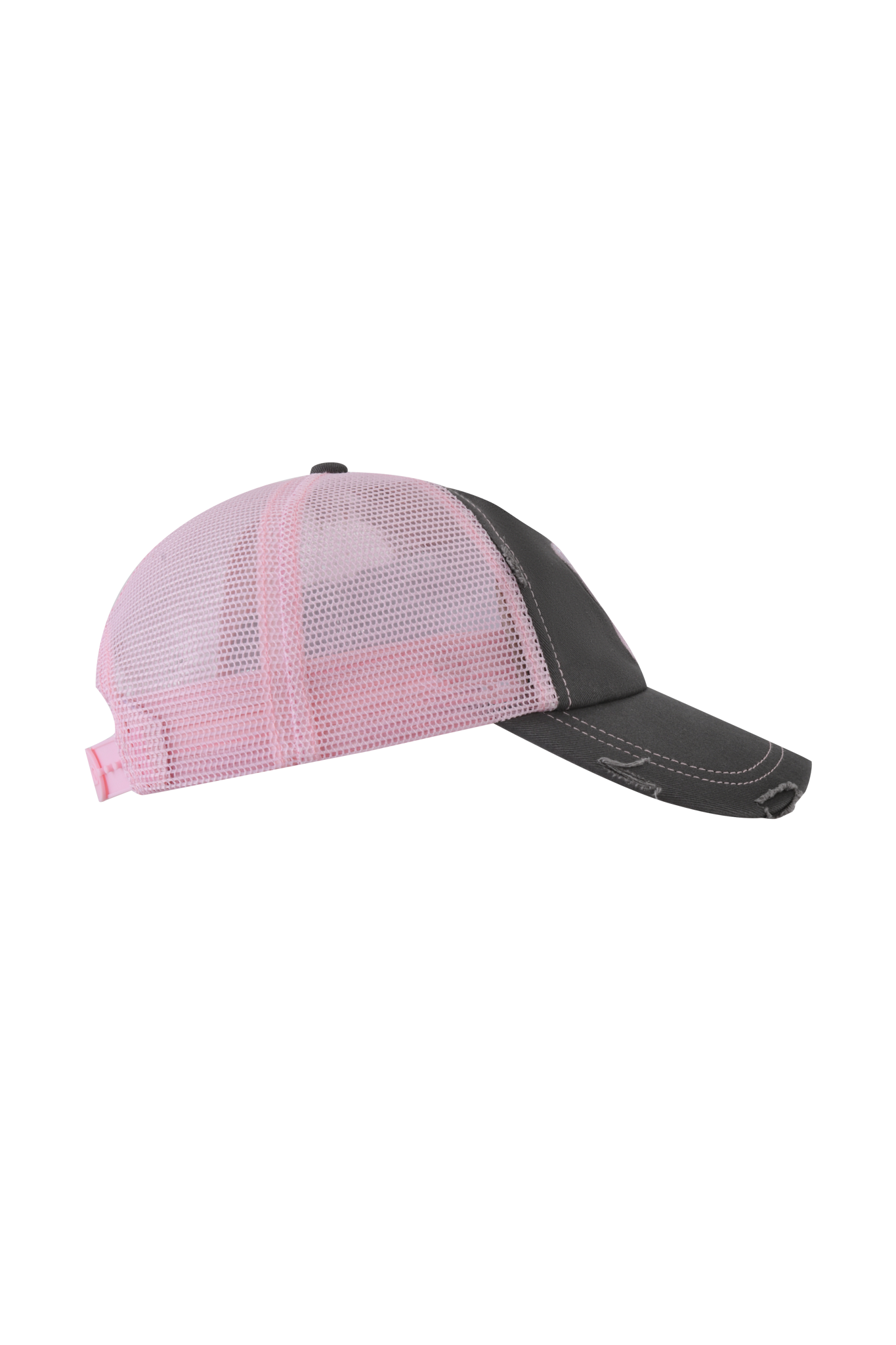 A side view of the I.AM.GIA SHILOH HAT - GREY/BABY PINK shows a distressed trucker hat with a black front and brim, baby pink mesh back, pink snap closure, and custom Gia logo against a plain background.