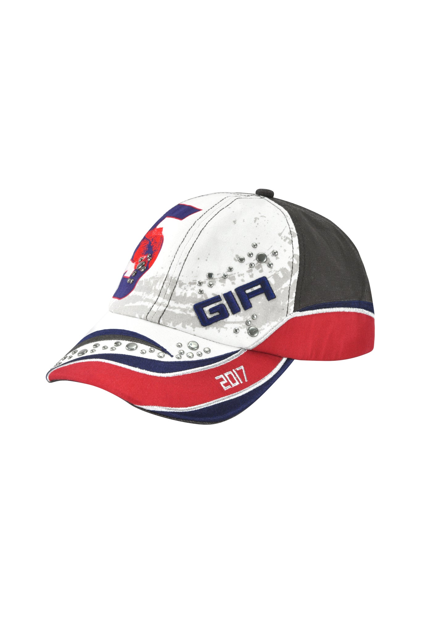 The SERENA HAT - WHITE by I.AM.GIA is a twill panel cap featuring white, black, and red colors, rhinestone accents, "GIA" text, a bold red and blue "S," "2017" on the brim, and an adjustable strap back for the perfect fit.
