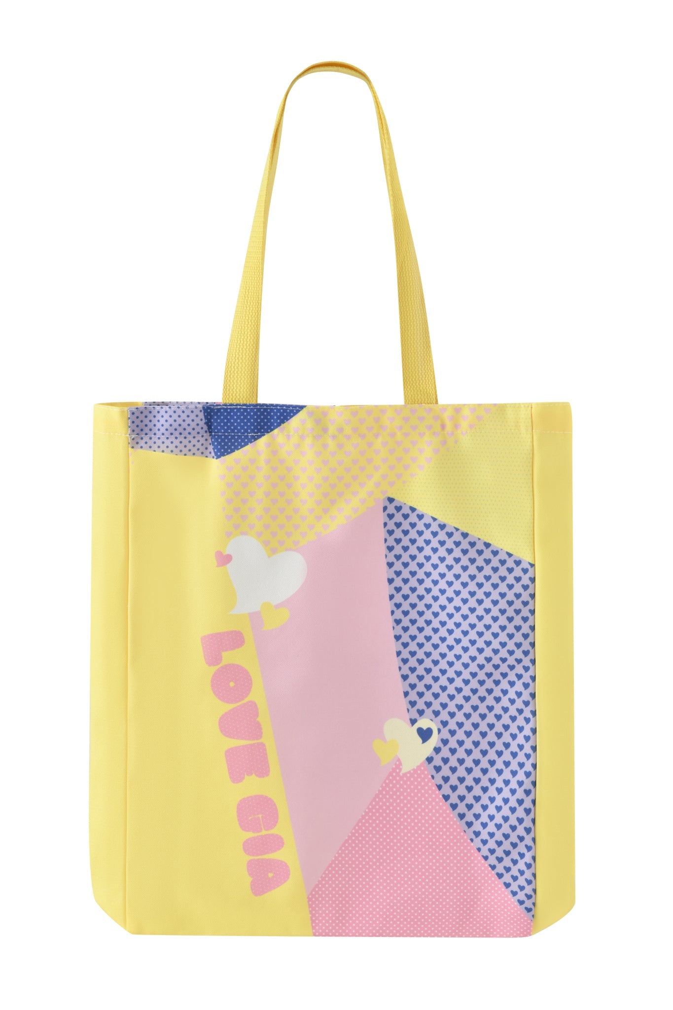 The FAFI TOTE BAG - YELLOW by I.AM.GIA features yellow fabric with pink and blue geometric shapes, heart patterns, "LOVE CIA" in pink letters, and two sturdy yellow handles. This playful accessory showcases collaboration artwork.