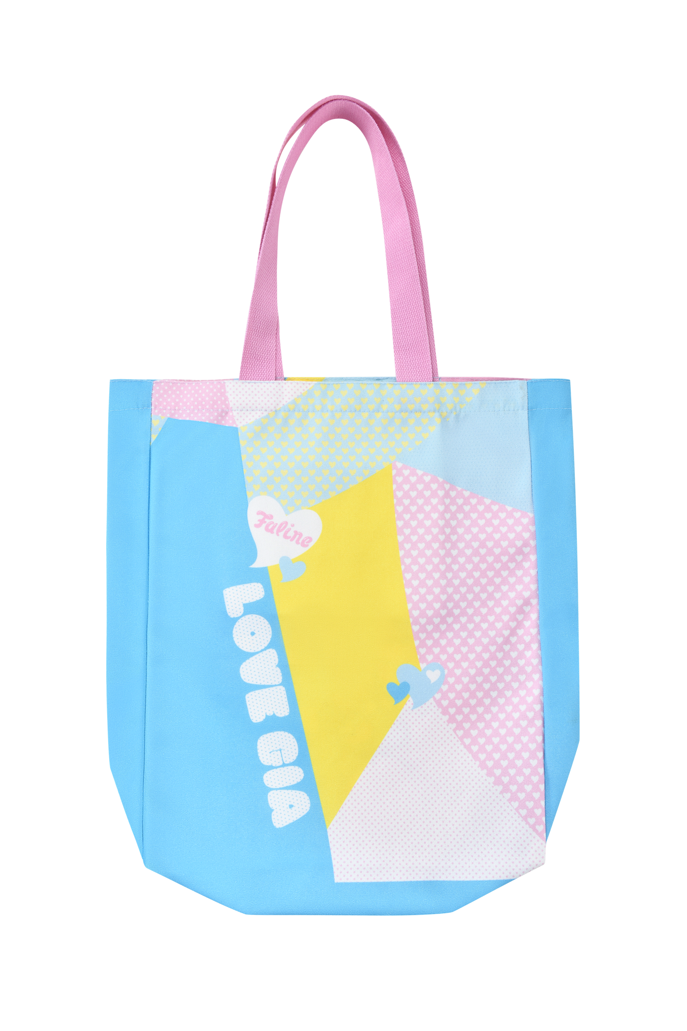 The FAFI TOTE BAG - MULTI by I.AM.GIA features pastel blue, yellow, and pink geometric shapes, pink handles, "LOVE CIA" text in white, and playful small heart and speech bubble accents on the front.