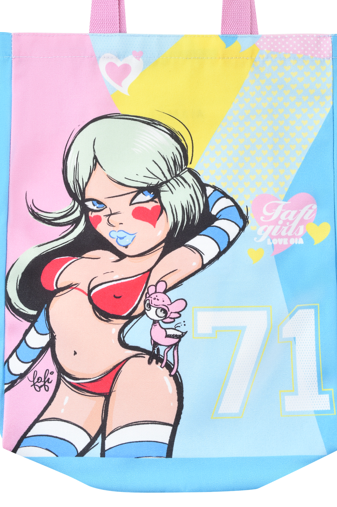 The I.AM.GIA FAFI TOTE BAG - MULTI features Fafi art of a cartoon woman with green hair, a red bikini, blue-striped gloves, and a pink dog. Hearts, "71," and "Taffy Tails" stand out on dreamy pastel colors.